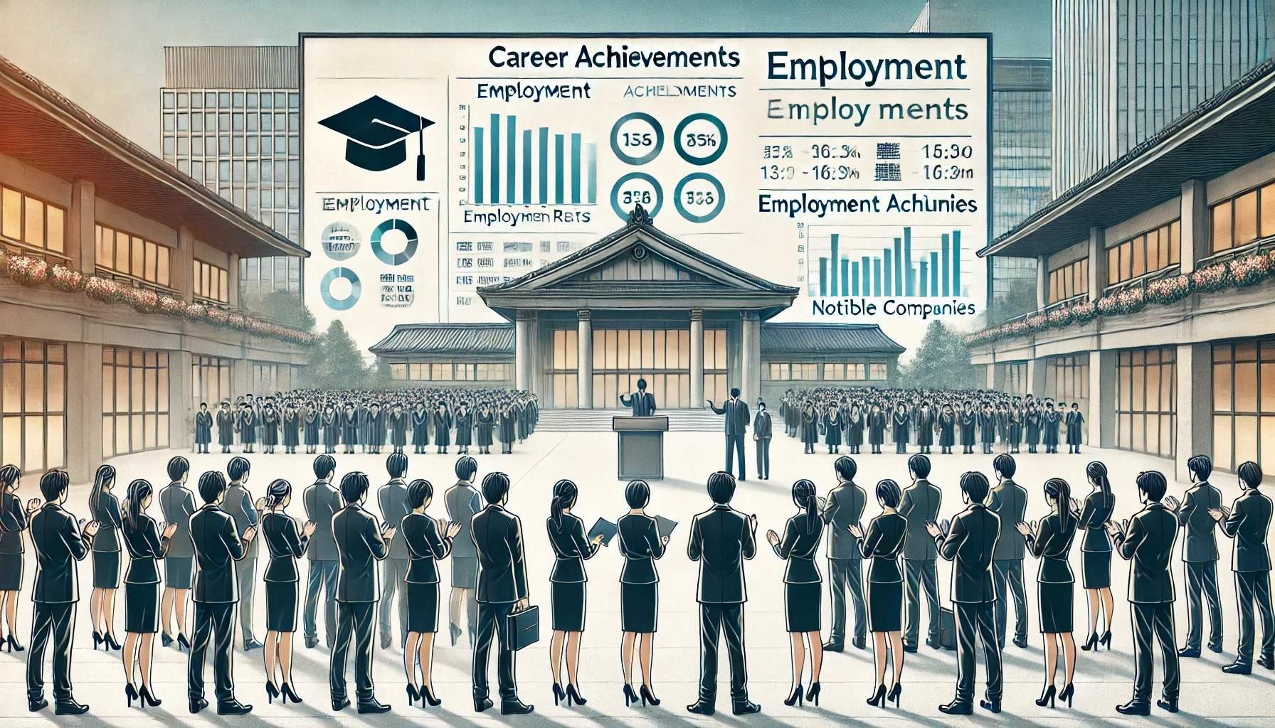 A modern depiction of a Japanese university's career achievements, showing successful students in a professional setting. The image features a graduation ceremony with students holding diplomas, and a focus on employment achievements. The background includes a clean, urban campus and a board displaying employment rates and notable companies. The environment is optimistic and celebratory, symbolizing career success. Horizontal layout, 16:9 aspect ratio.