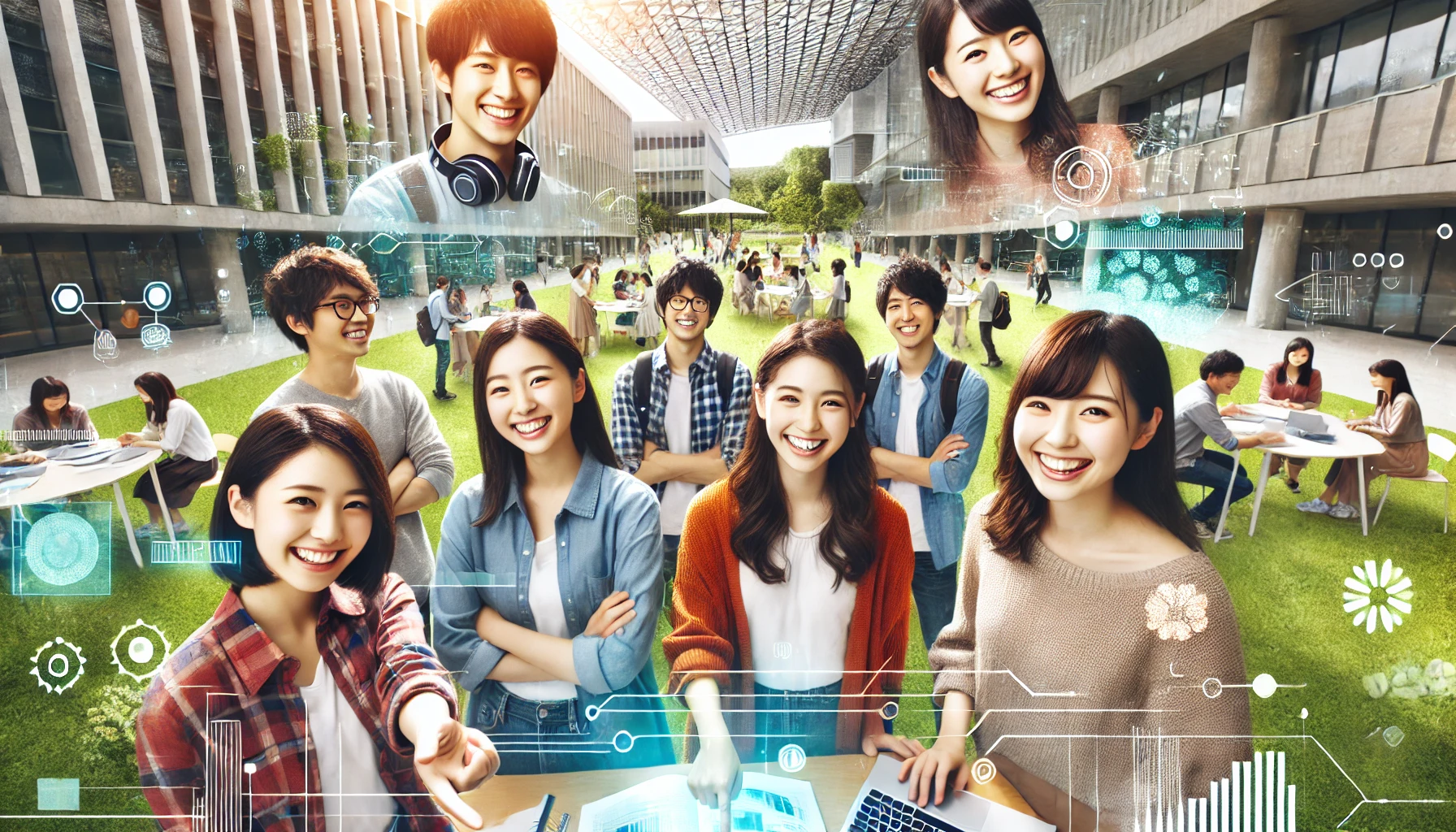 A cheerful and dynamic representation of Japanese university students symbolizing positivity and excellence. The image includes students in casual attire working on projects together in a bright, modern campus environment. The scene highlights diversity and energy, with a background of contemporary architecture and natural greenery. The focus is on the students' optimism and collaborative spirit. Horizontal layout, 16:9 aspect ratio.