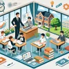 An engaging illustration of strategies to prevent students from falling behind in a prestigious Japanese middle and high school. The scene showcases a tutor helping students in a resourceful study environment, with books, laptops, and notes around. The school building and greenery are visible through the windows, symbolizing support and growth. Horizontal orientation (16:9).