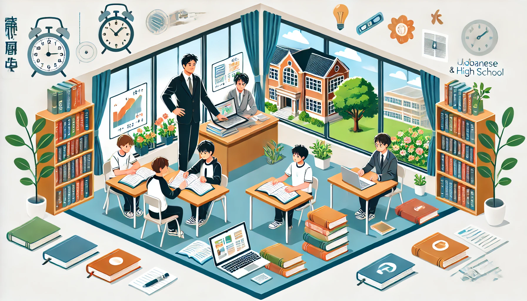 An engaging illustration of strategies to prevent students from falling behind in a prestigious Japanese middle and high school. The scene showcases a tutor helping students in a resourceful study environment, with books, laptops, and notes around. The school building and greenery are visible through the windows, symbolizing support and growth. Horizontal orientation (16:9).