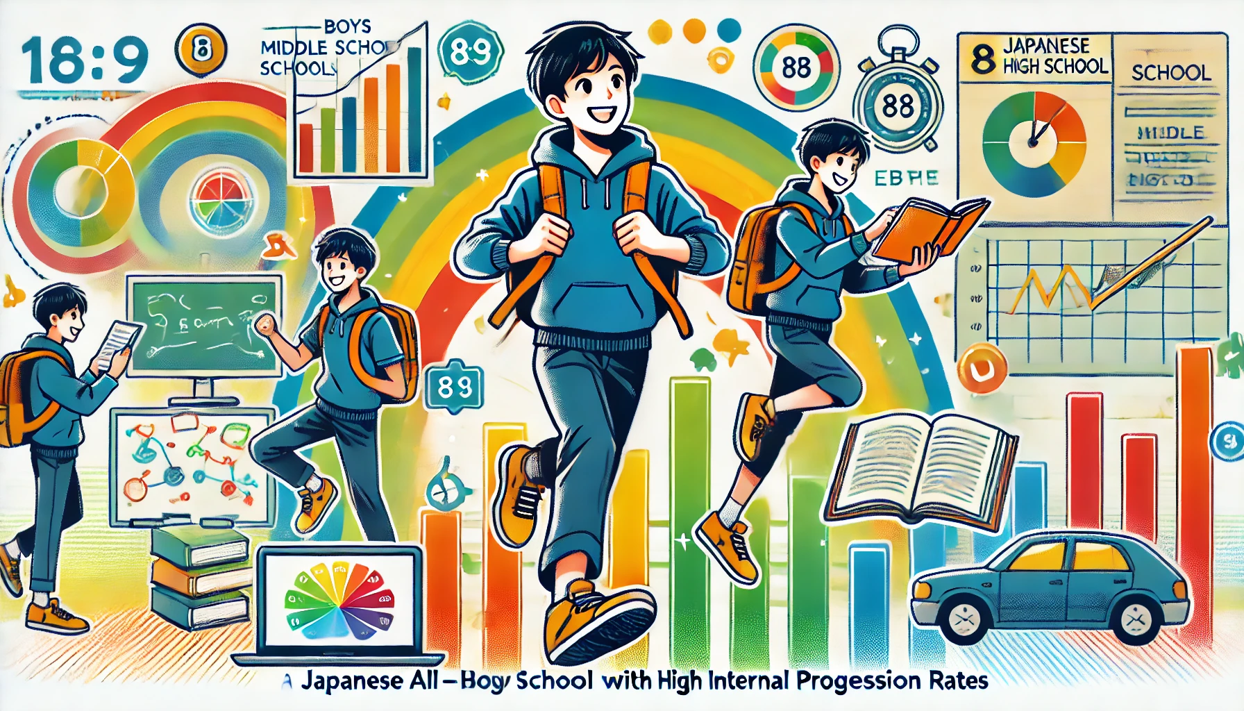 A vibrant illustration of a thriving student at a Japanese all-boys middle and high school with high internal progression rates. The student is engaged in academics, participating in extracurricular activities, and interacting with peers in a positive and supportive environment. Horizontal orientation (16:9).