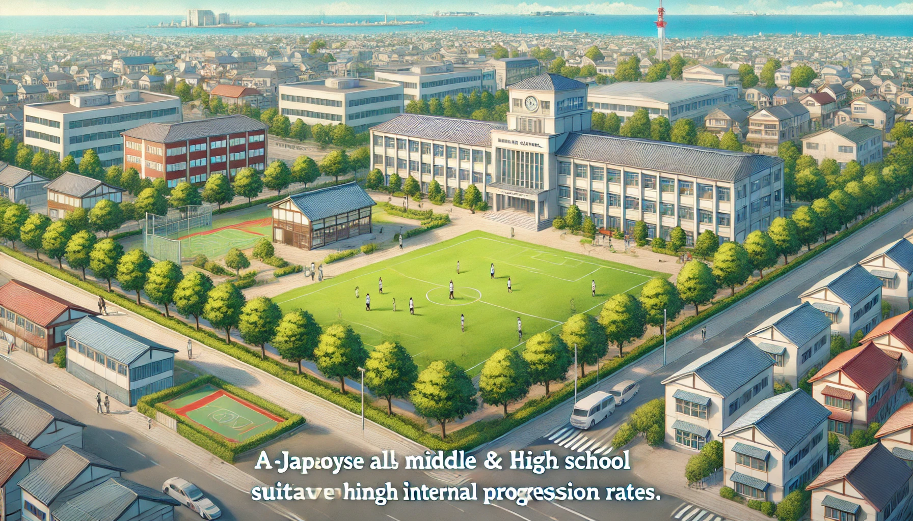 A picturesque illustration of a Japanese all-boys middle and high school that emphasizes academic excellence and character development. The setting includes a modern school building, clean campus grounds, and a calm educational atmosphere. The visual highlights the school's structured environment suitable for achieving high internal progression rates. The style is realistic and inviting. Horizontal orientation (16:9).