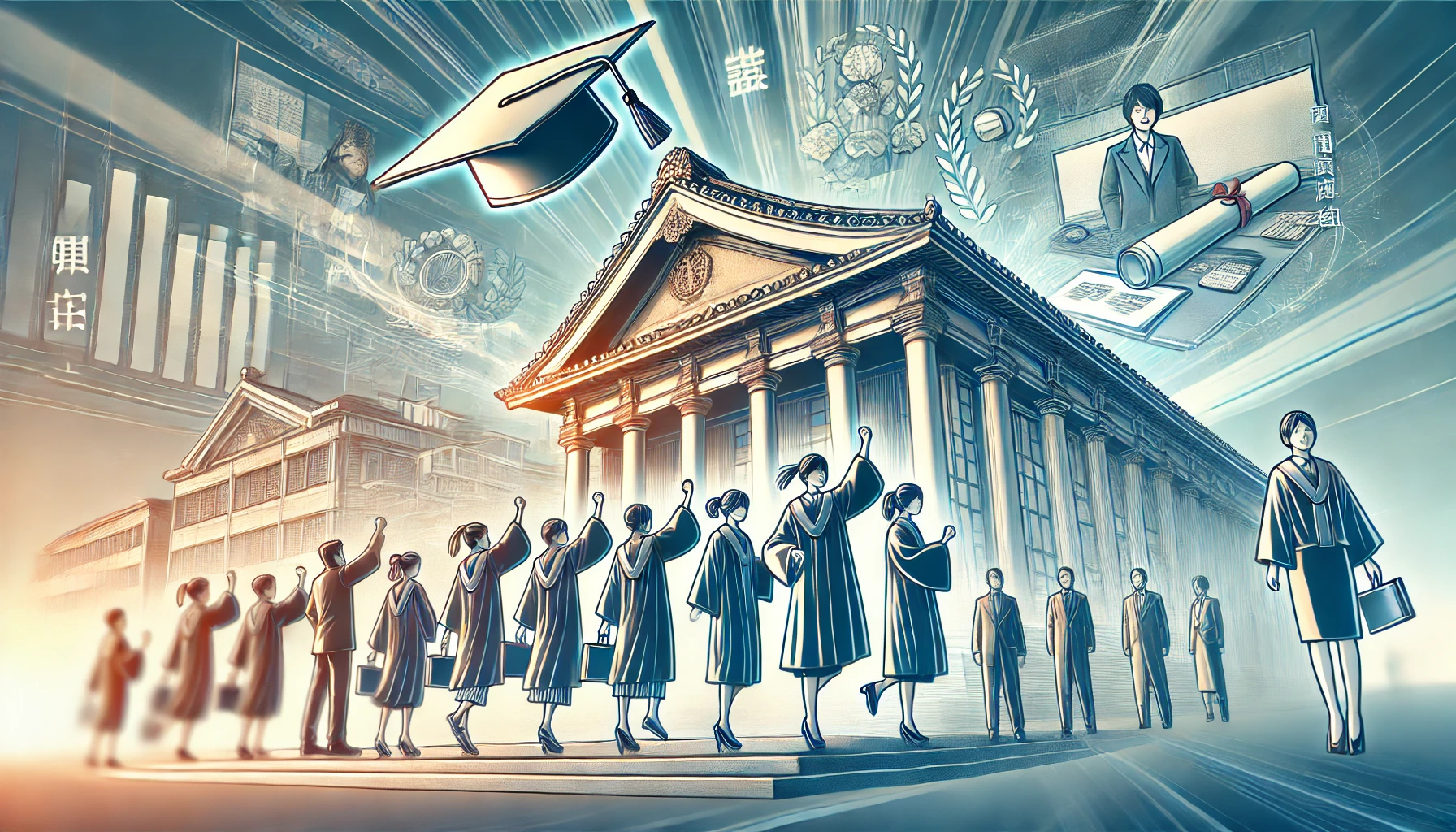 A dynamic depiction focusing on the career success of graduates from a historic Japanese women's university, part of '関西の女子大御三家.' The image shows a graduation ceremony setting, with graduates celebrating and the background featuring professional environments like offices and schools.