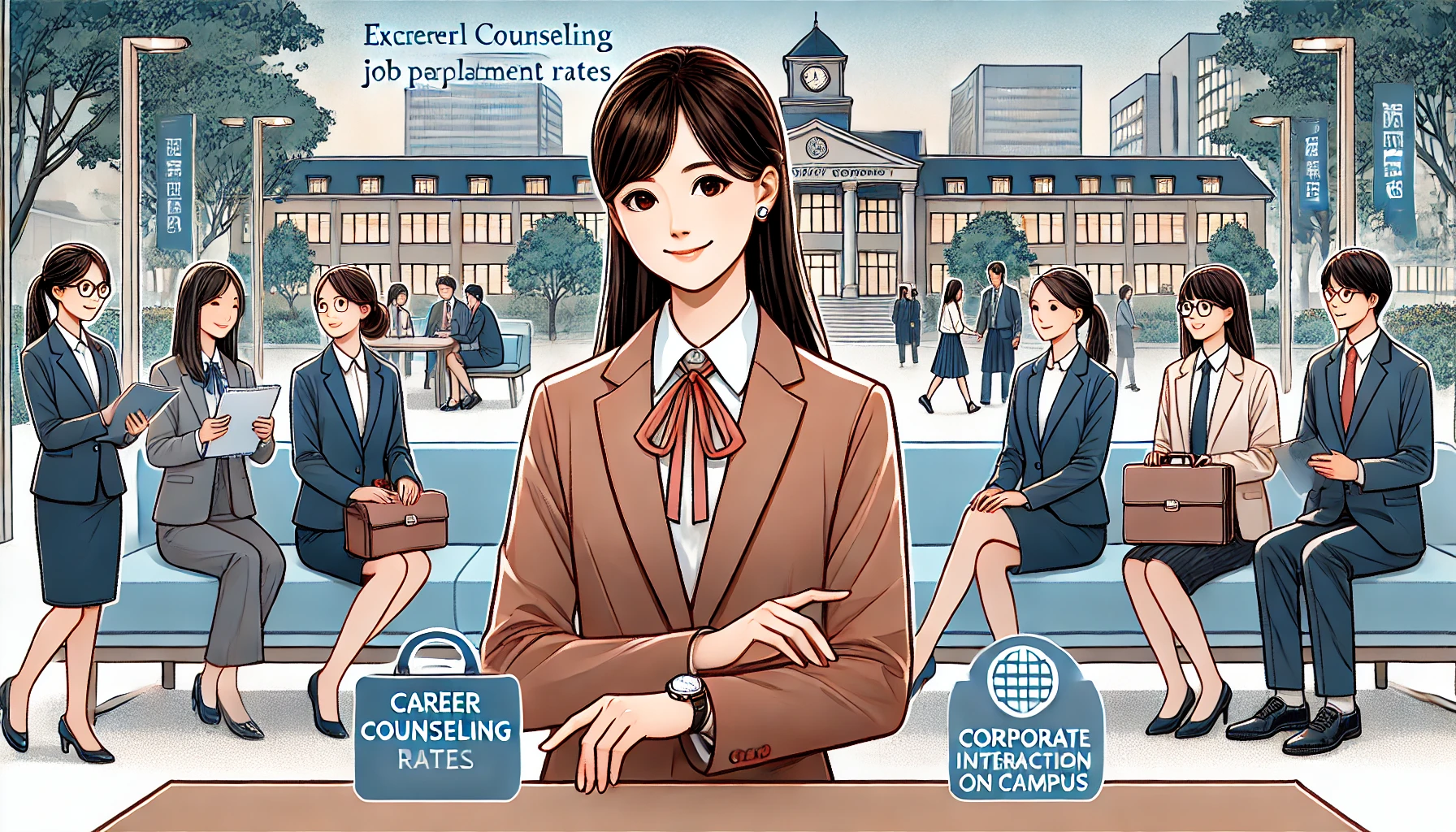 A professional depiction of an elegant Japanese women's university known for its exceptional job placement rates. The image features students confidently participating in career counseling and corporate interactions on campus. The setting includes a modern campus building and a welcoming environment, horizontal orientation (16:9).