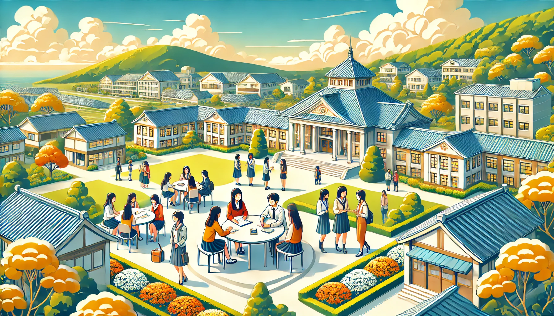 An engaging visual of an elegant Japanese women's university campus featuring bright and cheerful students engaging in group discussions and activities. The image highlights the vibrant and optimistic atmosphere of the institution, set against a scenic backdrop of a modern and traditional campus blend. Horizontal orientation (16:9).