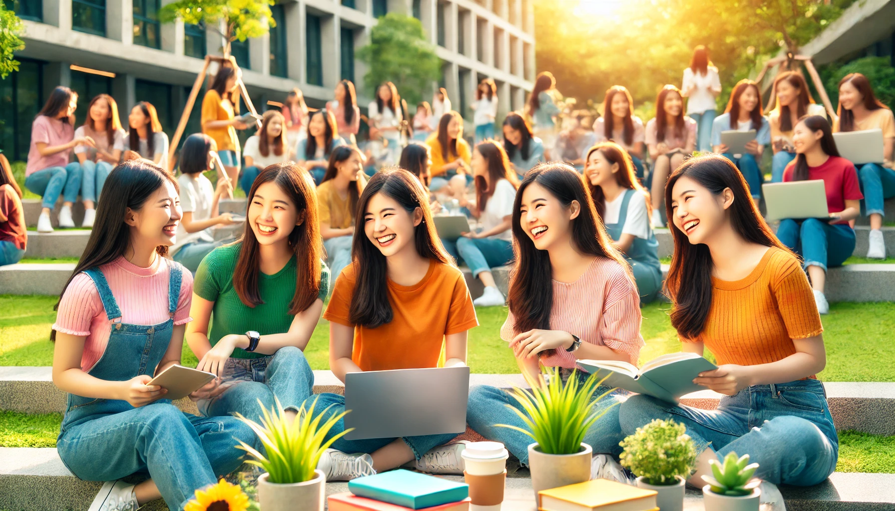 A vibrant and inspiring image of a women's university featuring cheerful Asian female students in casual attire, engaging in collaborative learning outdoors on a modern campus. The scene highlights a sense of community, optimism, and bright futures. Elements such as laptops, notebooks, and greenery emphasize academic and personal growth.