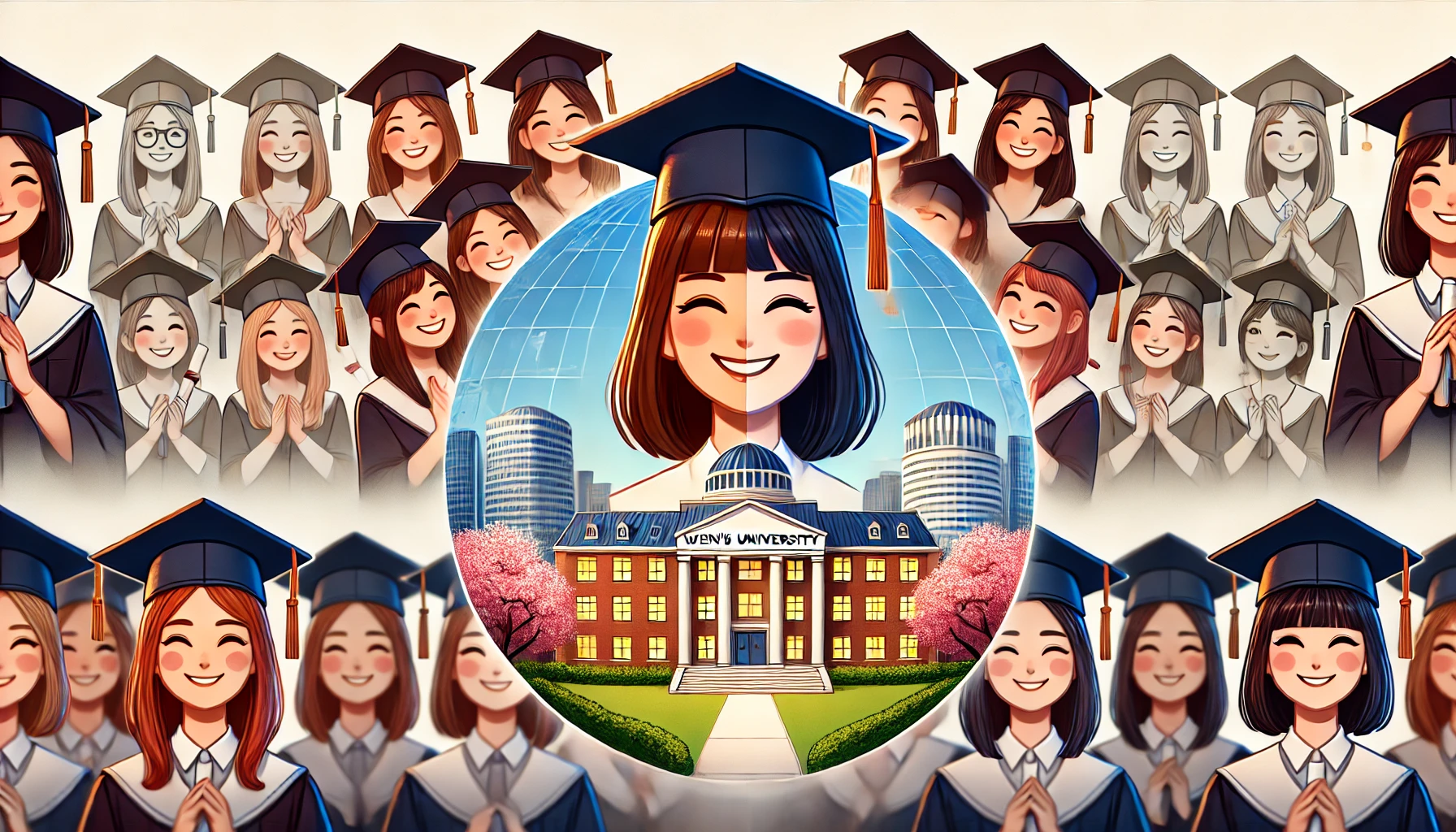 A contrasting image showing the dual perspectives of a women's university. On one side, the success of graduates and the global impact of the university, featuring happy Asian female students in graduation attire. On the other side, a subtle depiction of challenges like societal misconceptions or stereotypes. The campus remains central, symbolizing the balance of progress and perception.