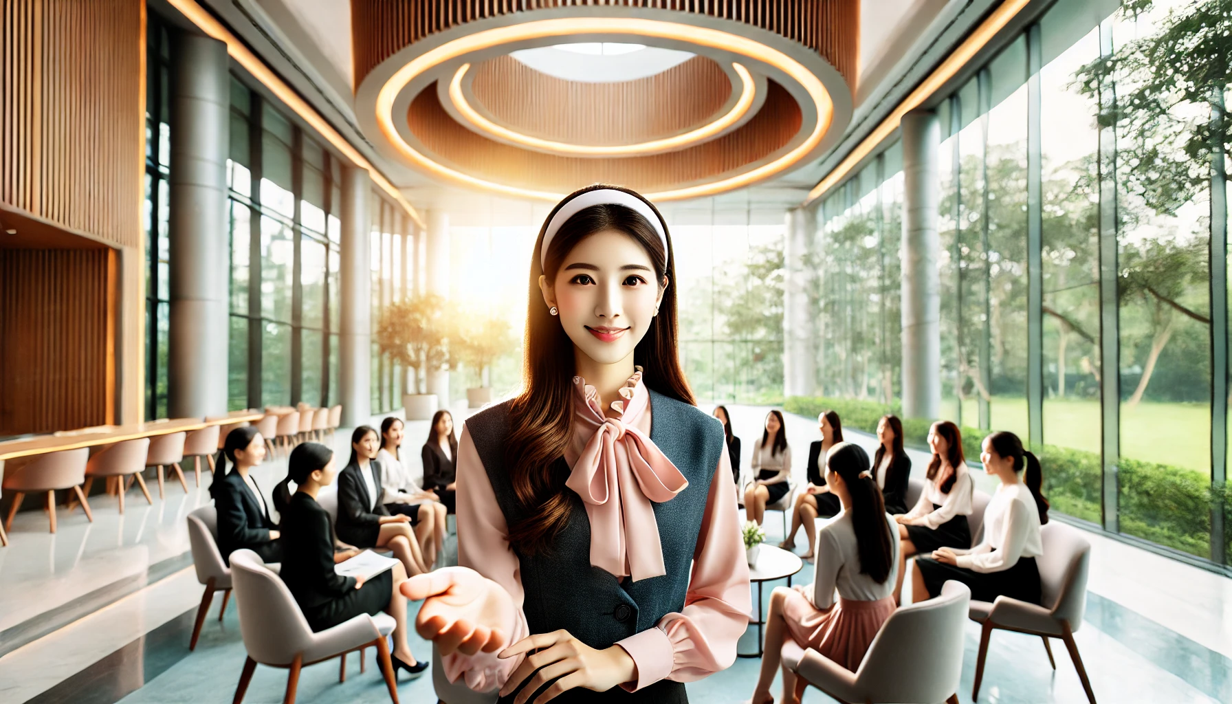 A professional and visually appealing image representing a women's university with the theme of 'Empowerment of Women' and 'Nurturing Global Leaders.' The setting is an elegant, modern campus with Asian female students in academic attire engaging in discussions. Bright and welcoming environment, with a focus on learning and growth.