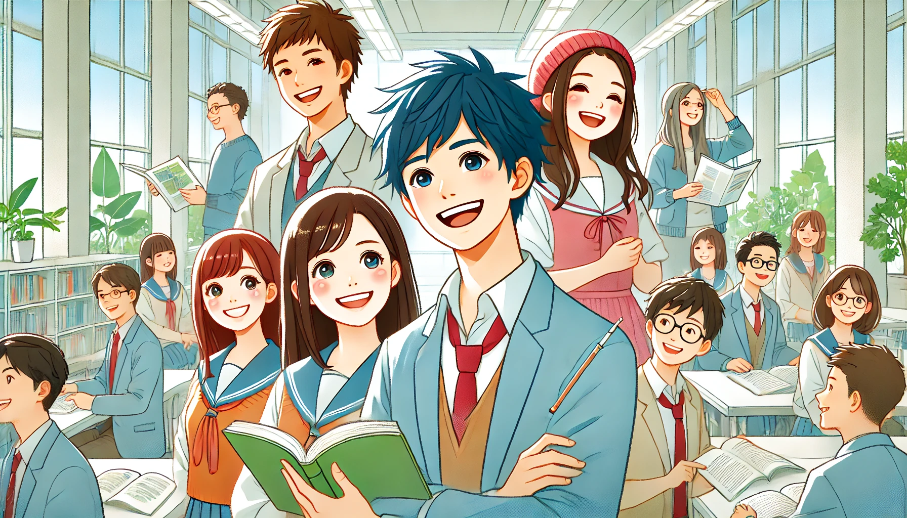 A depiction of vibrant and cheerful Japanese students representing the excellence of a university with a unique agriculture and engineering curriculum, engaged in collaborative learning, with bright smiles and modern facilities in the background, horizontal format (16:9).