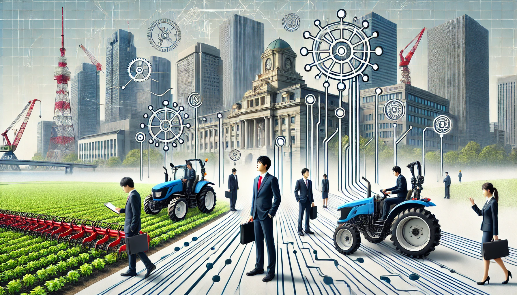 A visualization of successful career pathways linked to a Japanese university with a unique agriculture and engineering curriculum, featuring graduates in business suits, corporate office buildings, and modern farming equipment in the background, in a horizontal format (16:9).