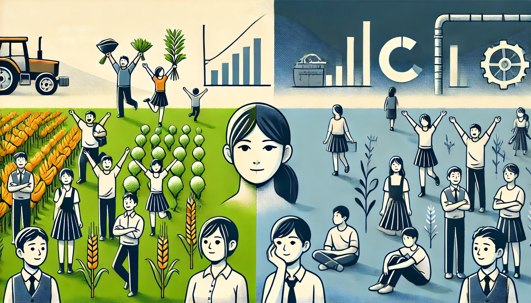 A balanced illustration representing the polarized opinions of a Japanese university with a unique curriculum combining agriculture and engineering. On one side, bright and positive symbols like green fields and students celebrating; on the other, muted tones with students looking contemplative, in a horizontal format (16:9).