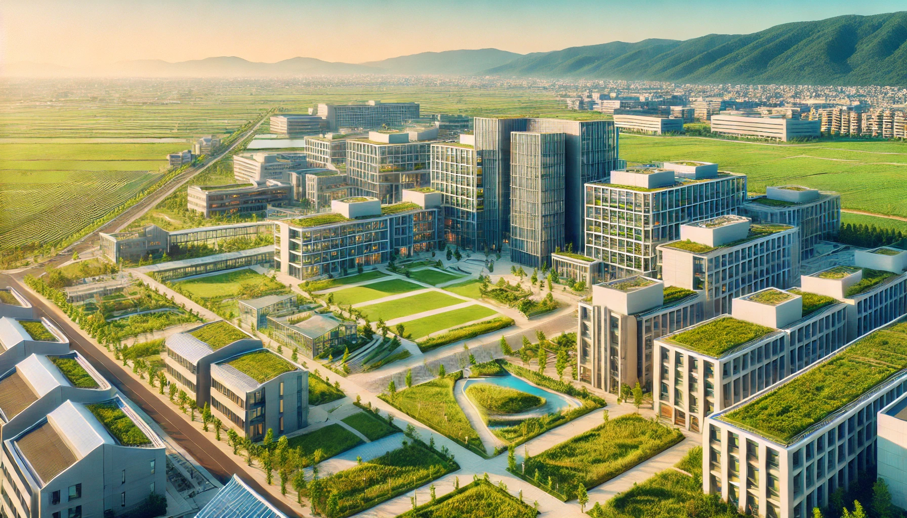 A prestigious Japanese university campus specializing in agriculture and engineering, showcasing modern buildings and green open spaces, emphasizing a unique curriculum combining both fields. Vibrant, natural scenery with clear skies and Japanese architectural influences, horizontal format (16:9).