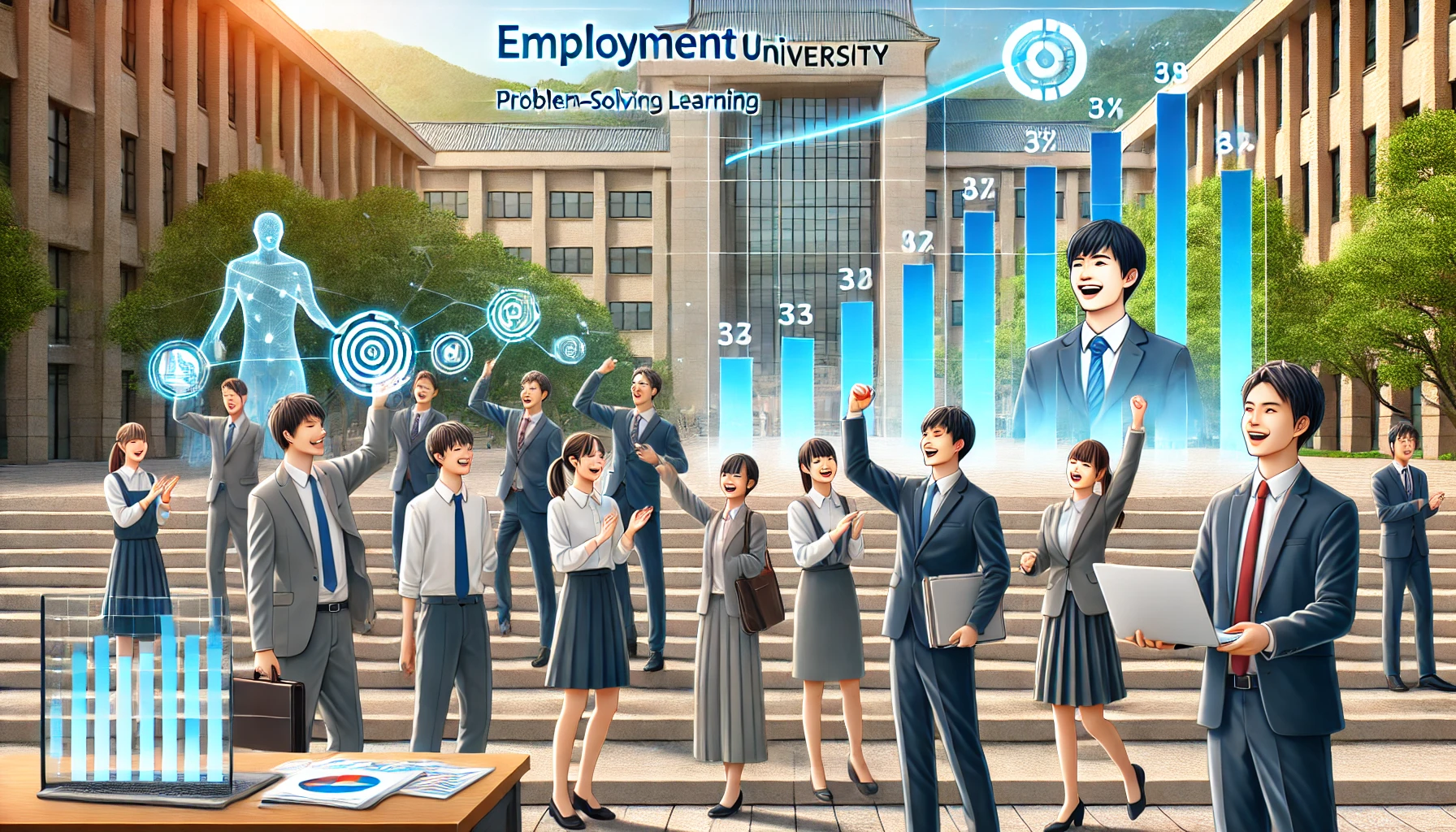 An image highlighting the employment success of a university where students engage in problem-solving learning. Features include a graph or chart showing high employment rates alongside a group of Japanese students in professional attire celebrating their success in a campus setting. Horizontal orientation (16:9).