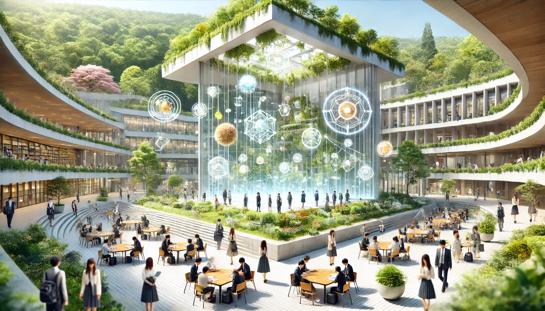 An inspiring image of a university campus with students selecting courses and engaging in a group activity around problem-solving, showcasing an innovative and creative learning environment, featuring modern architecture, lush greenery, and Japanese students interacting positively, in a bright and uplifting atmosphere. Horizontal orientation (16:9).