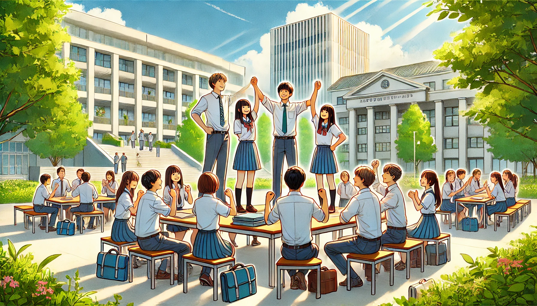 An uplifting image of a university campus showcasing outstanding and cheerful Japanese students engaging in group activities and discussions. The scene is bright, with modern buildings and greenery in the background, reflecting positivity and success in education. Horizontal orientation (16:9).