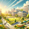 A picturesque depiction of a Japanese women's university campus emphasizing its modern facilities and serene environment. The image shows a beautifully designed campus with lush greenery, contemporary academic buildings, and students engaging in study and casual conversation. Bright, vibrant atmosphere with clear blue skies. Horizontal orientation (16:9).