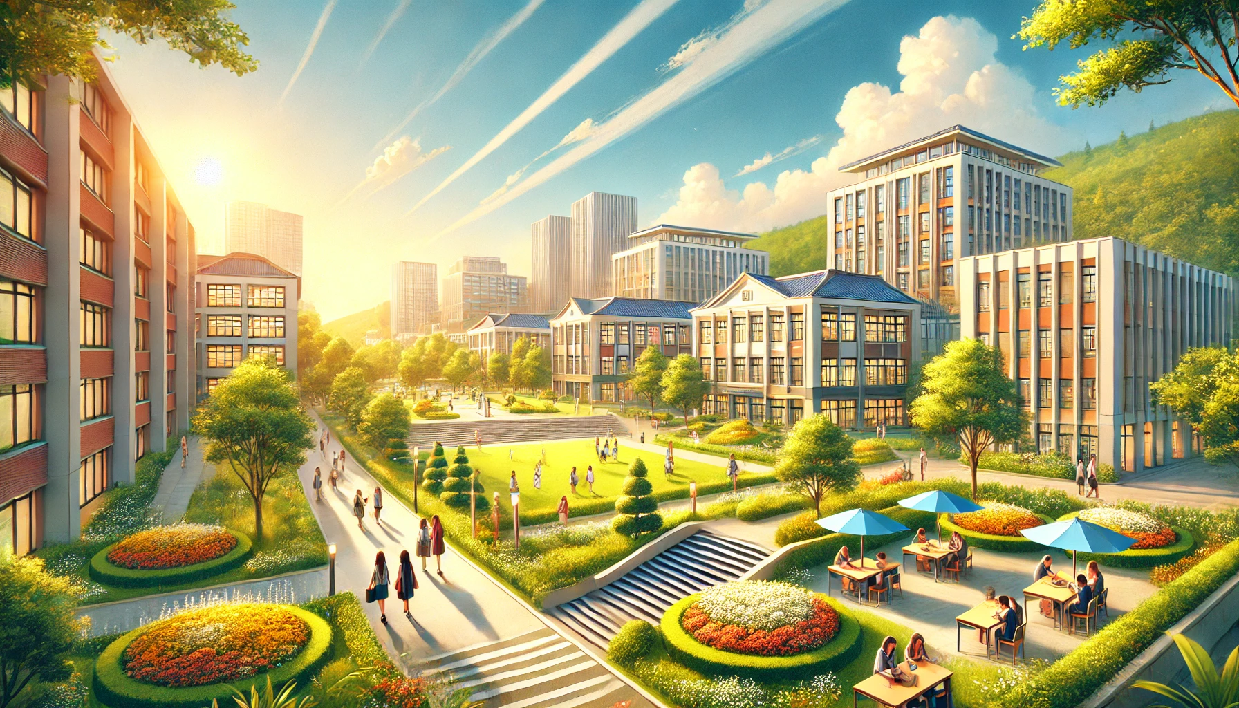 A picturesque depiction of a Japanese women's university campus emphasizing its modern facilities and serene environment. The image shows a beautifully designed campus with lush greenery, contemporary academic buildings, and students engaging in study and casual conversation. Bright, vibrant atmosphere with clear blue skies. Horizontal orientation (16:9).