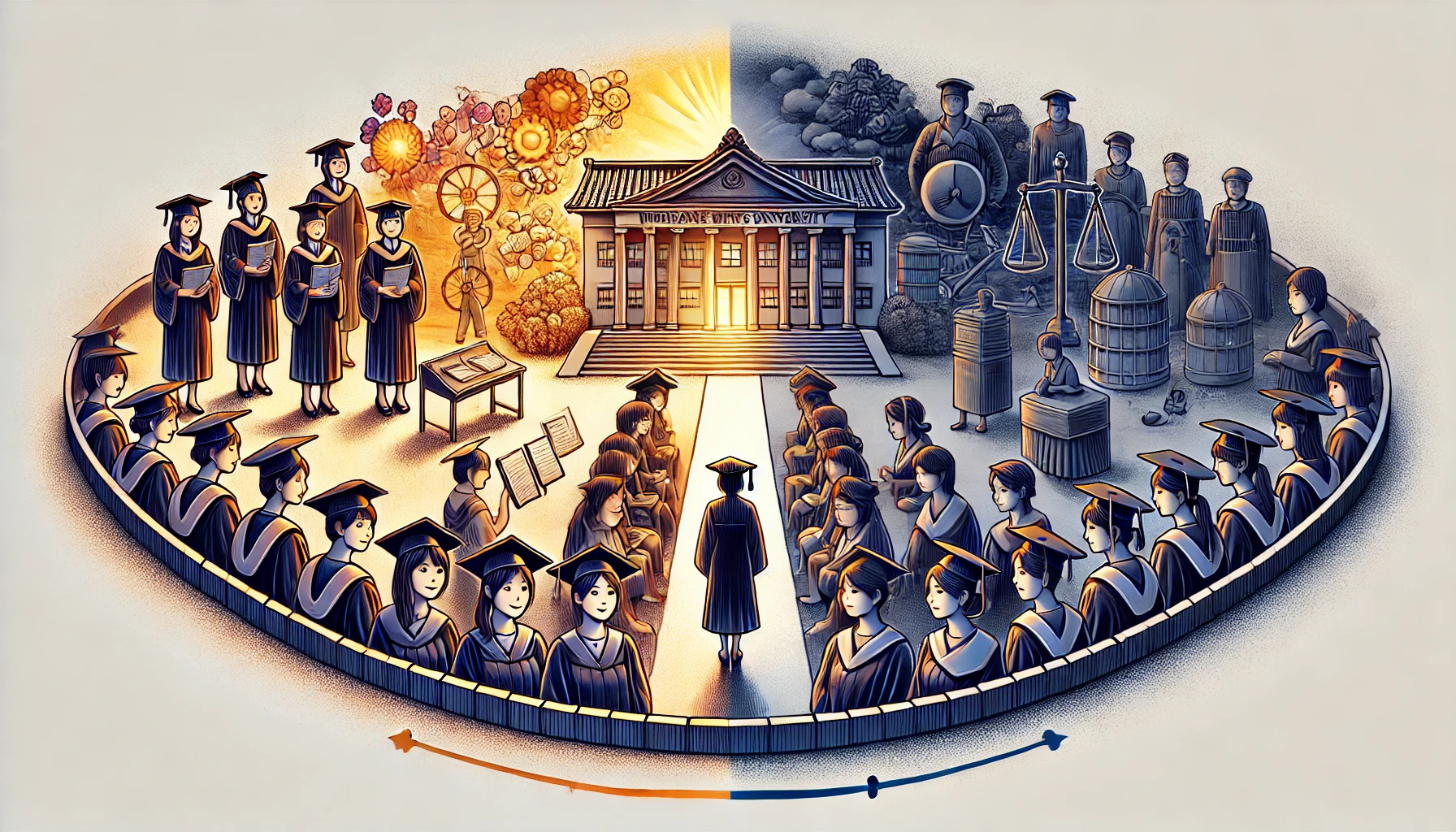 A conceptual illustration representing polarized opinions about a Japanese women's university. On one side, a glowing, positive scene of successful graduates, and on the other side, contrasting subdued imagery depicting criticism. The visuals are well-balanced, symbolizing differing perspectives. Horizontal orientation (16:9).