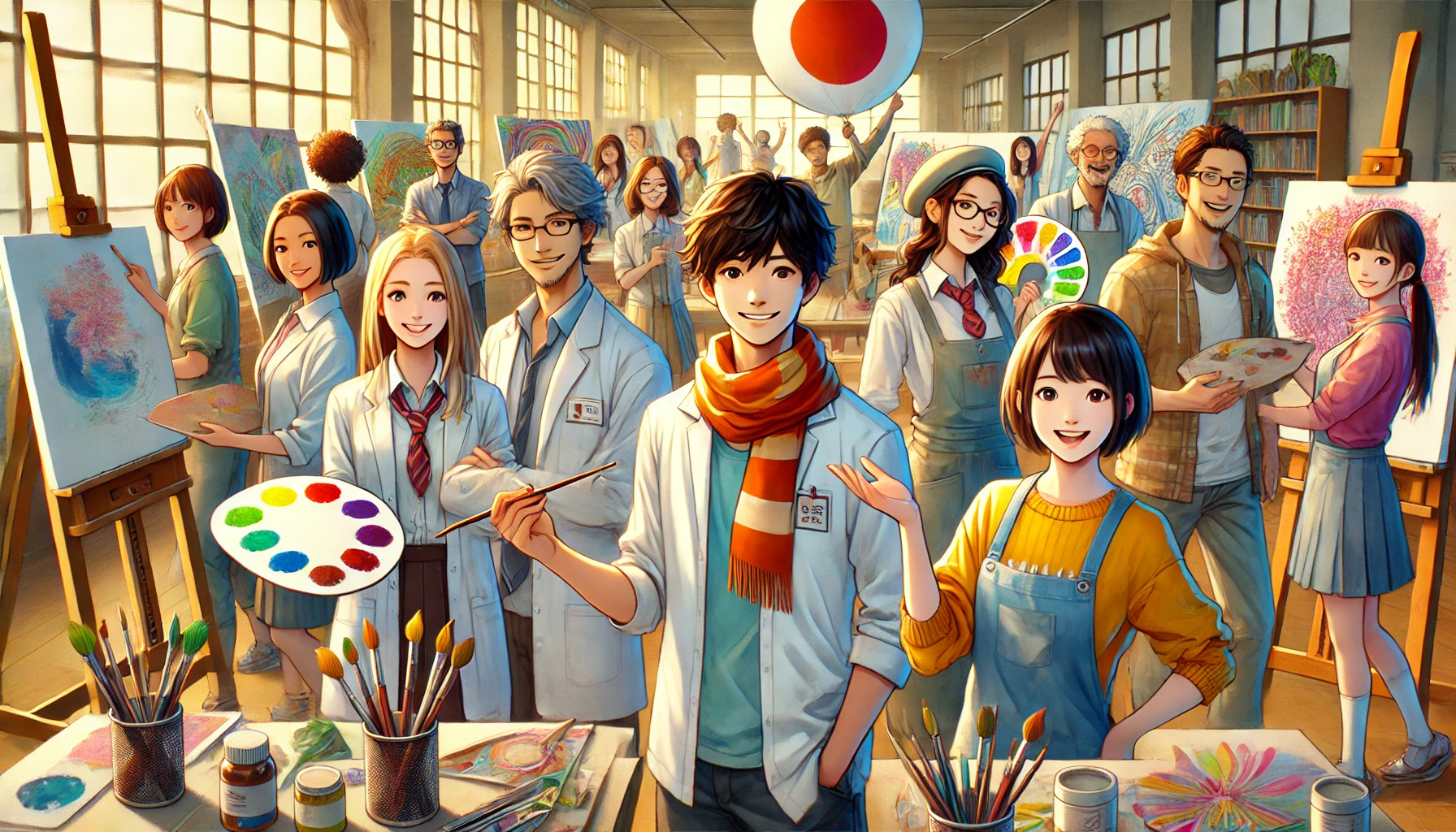 A vibrant, optimistic scene showing a group of bright and talented students from a prestigious arts university in Kyoto, Japan. The students should be Japanese, diverse in gender, and engaged in various artistic activities such as painting, sculpture, and digital art. The atmosphere should be energetic, with students collaborating and creating innovative works. The environment should reflect a positive and welcoming atmosphere with modern art studio equipment and natural light.