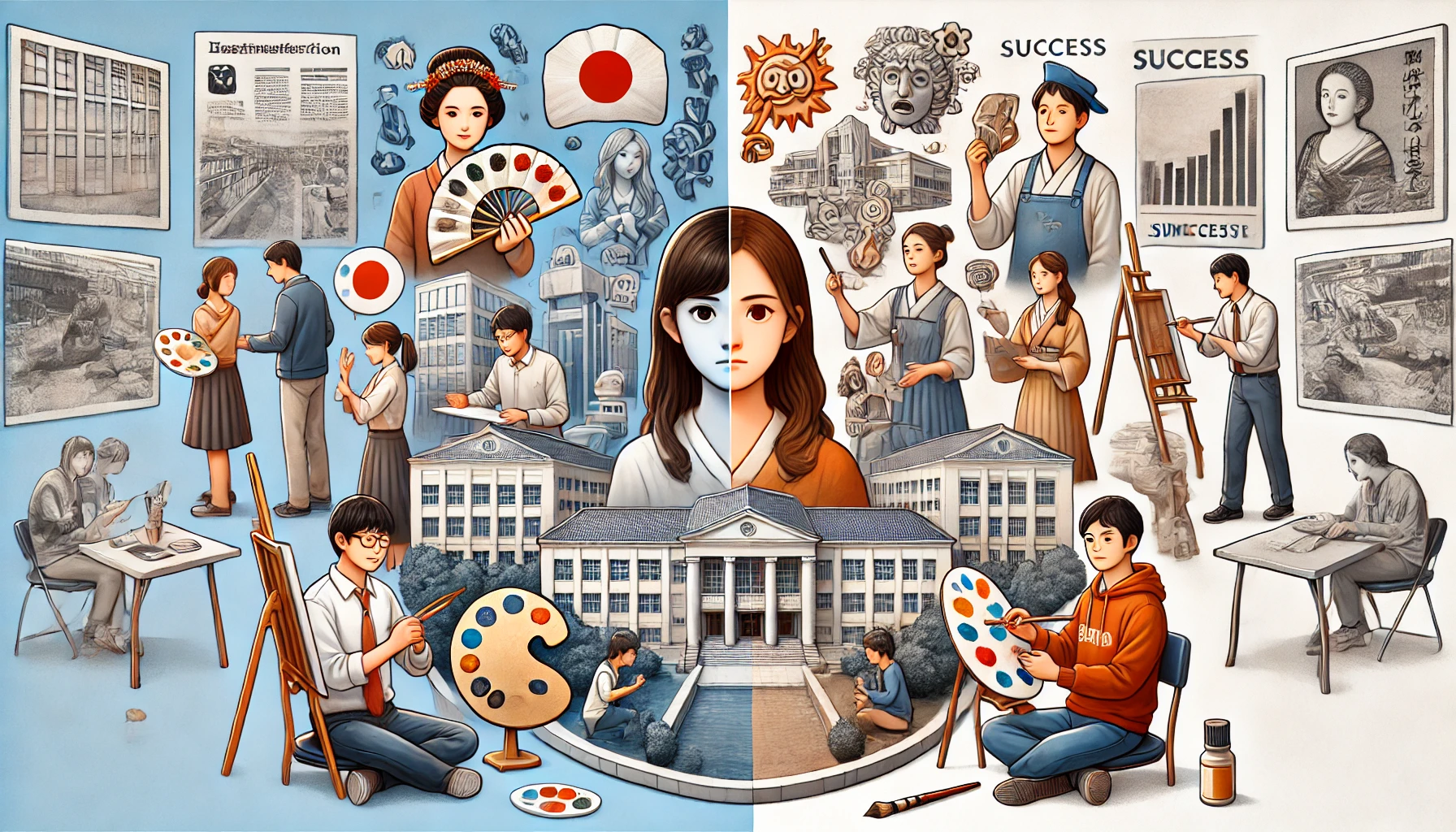 A divided view showing the two contrasting evaluations of a prestigious arts university in Kyoto, Japan. One side of the image should depict positive elements such as students creating art, enjoying a collaborative learning environment, and showcasing success. The other side should represent the negative aspects, such as confusion, misunderstanding, and criticism, possibly in the form of reviews or comments. The students should be Japanese and involved in artistic activities like painting and sculpture.