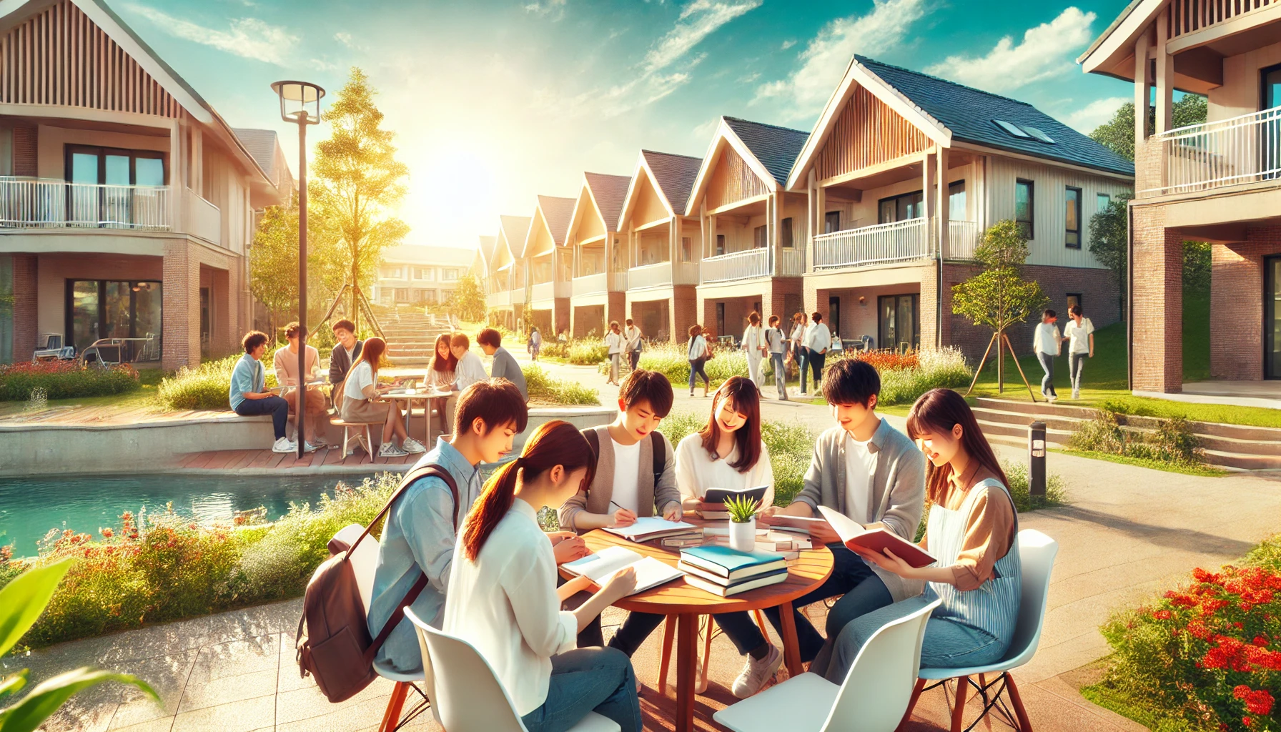 A serene and picturesque university campus in a high-class residential area, showcasing a diverse and vibrant group of Japanese students studying together outdoors. The scene highlights a positive, bright, and collaborative atmosphere, emphasizing their excellence and enthusiasm. Horizontal layout (16:9).