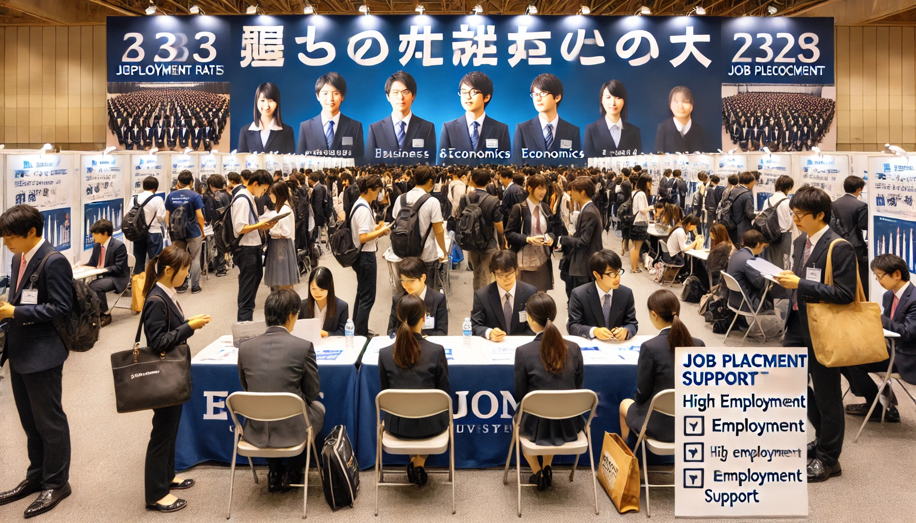 A Japanese university with a strong reputation in business and economics education, highlighting its excellent job placement record. The image showcases a career fair event with students interacting with recruiters, engaging in interviews, and networking with business professionals. The atmosphere is vibrant, with banners displaying high employment rates and partnerships with major corporations. The scene reflects a highly successful employment support system.