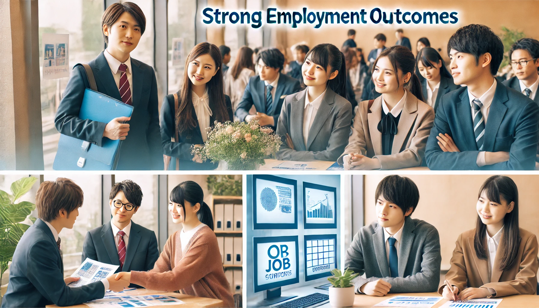 A Japanese university highlighting strong employment outcomes. The image features students in a career fair, engaging with company representatives. Another scene shows students receiving career guidance and support from university advisors. The atmosphere is professional and optimistic, showcasing the university's efforts in job placement and career success. The students appear to be Japanese.