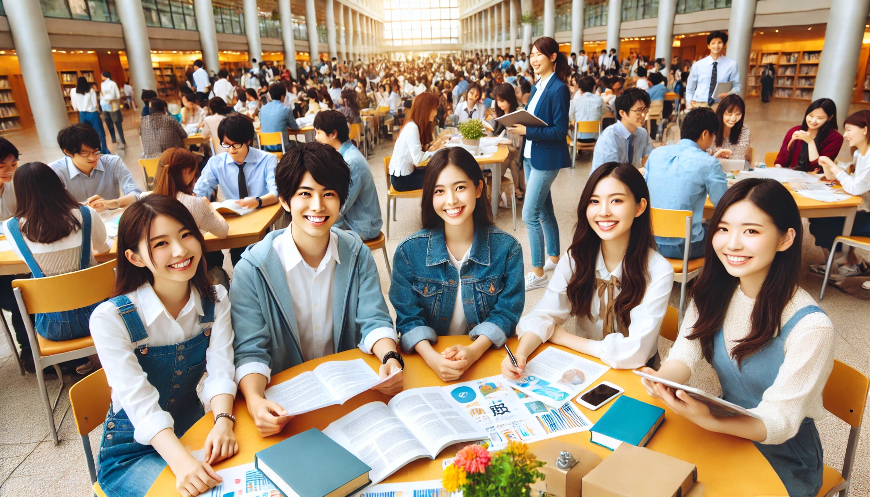 A vibrant university campus in Japan showcasing bright, enthusiastic students. The students are actively engaged in group discussions, working on projects, and enjoying their university life. The scene highlights a supportive and inspiring academic atmosphere where students feel motivated and confident. The students appear to be Japanese.