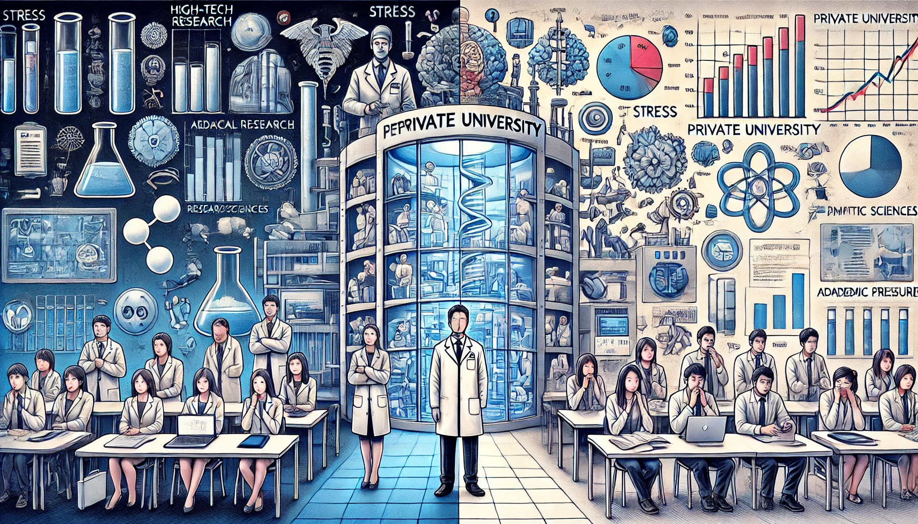 A visual representation of the contrasting opinions about a prestigious private university in Japan specializing in medical and life sciences. The image is split into two halves: one side shows a high-tech, advanced research facility with engaged students, and the other side depicts concerns such as stress, high tuition costs, and academic pressure. The image captures the dual perception of the university.