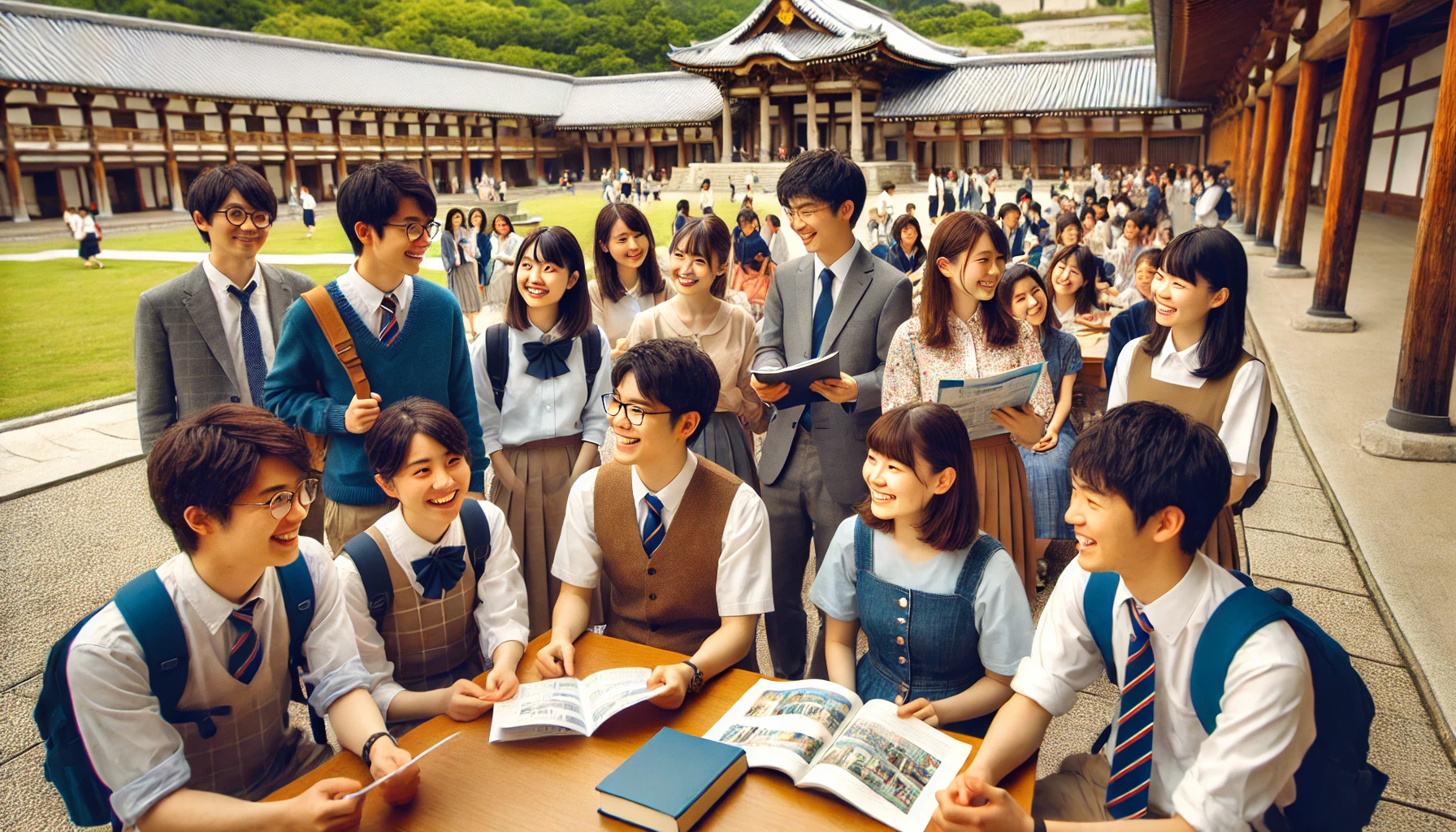 A university in Nara, Japan, specializing in cultural heritage and history, featuring bright and intelligent students. The image captures a lively campus scene with students discussing academic projects, smiling, and collaborating in a traditional Japanese courtyard. The atmosphere is positive, highlighting their enthusiasm and dedication to learning.