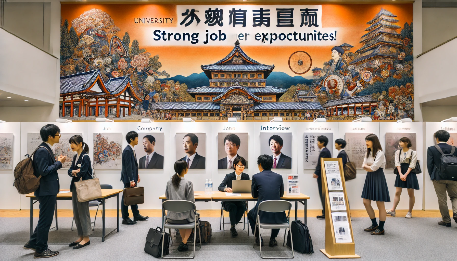 A university in Nara, Japan, specializing in cultural heritage and history, highlighting its employment success. The image features a career fair with students engaging with company representatives, job interview preparations, and alumni success stories displayed on walls. The scene reflects strong job placement opportunities for graduates.