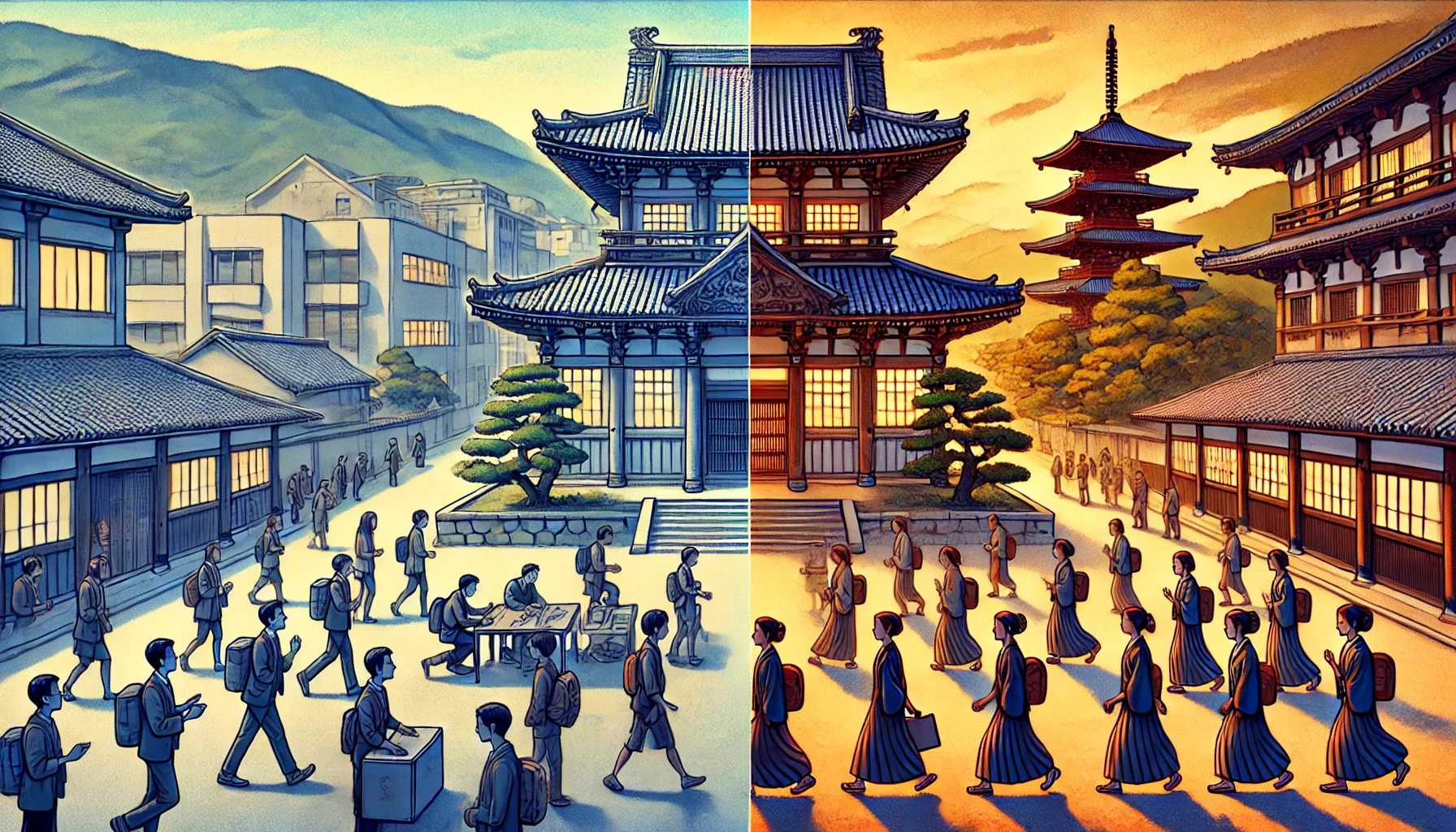 A university in Nara, Japan, specializing in cultural heritage and history, with a polarizing reputation. The image is divided into two contrasting halves: one side showcasing a beautiful traditional campus with engaged students, and the other side depicting a struggling academic reputation with fewer students. The atmosphere reflects both prestige and criticism.