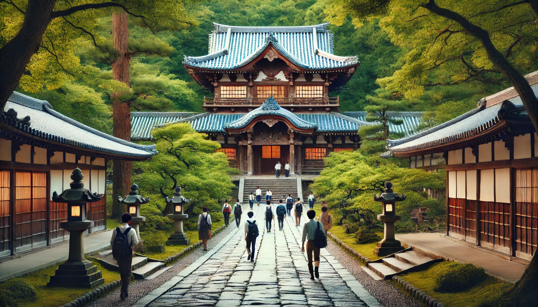 A university in Nara, Japan, specializing in cultural heritage and history. The campus features traditional Japanese architecture, with students walking along stone pathways surrounded by lush greenery. The atmosphere is academic and serene, emphasizing a strong focus on historical studies.