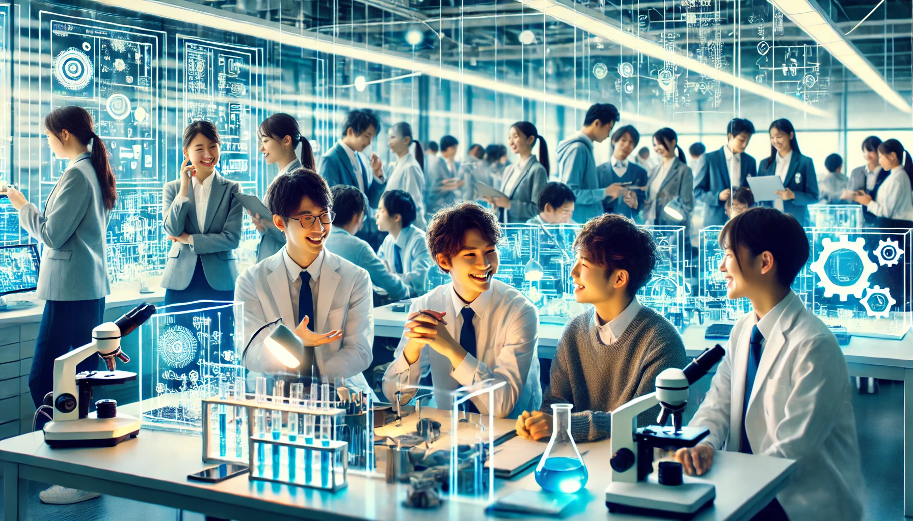 A vibrant science and engineering university in Japan with bright, talented students. The image features students collaborating in a high-tech lab, engaged in research and innovation. The atmosphere is dynamic, with students enjoying discussions, working on projects, and using advanced equipment. The environment showcases academic excellence, teamwork, and a positive learning culture among Japanese students.