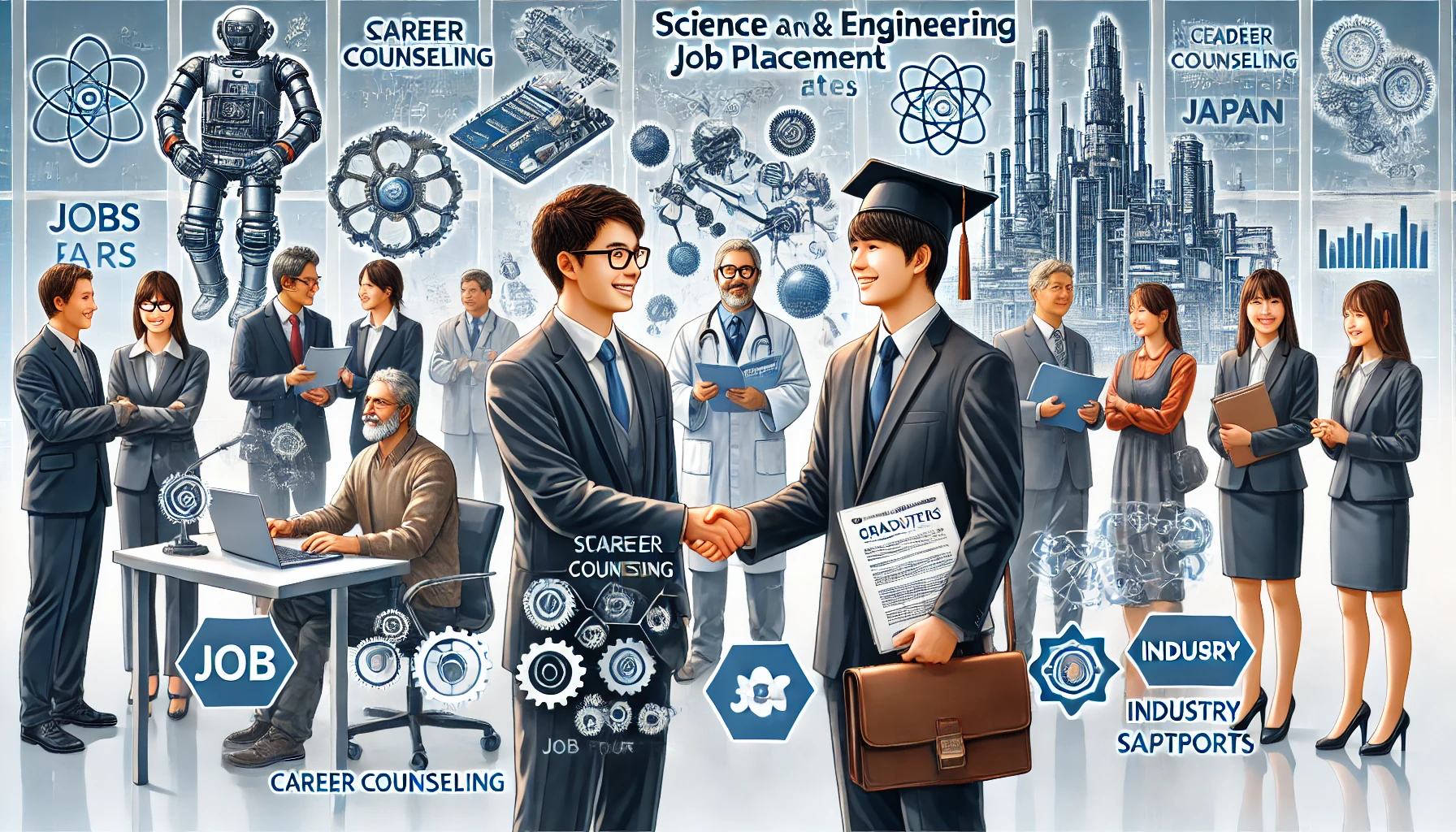 A top-ranking science and engineering university in Japan with outstanding job placement rates. The image showcases successful graduates receiving job offers from leading companies. Career counseling offices, job fairs, and industry partnerships are depicted, emphasizing strong career support. Japanese students in professional attire engage with recruiters, discussing opportunities in research, engineering, and technology fields.