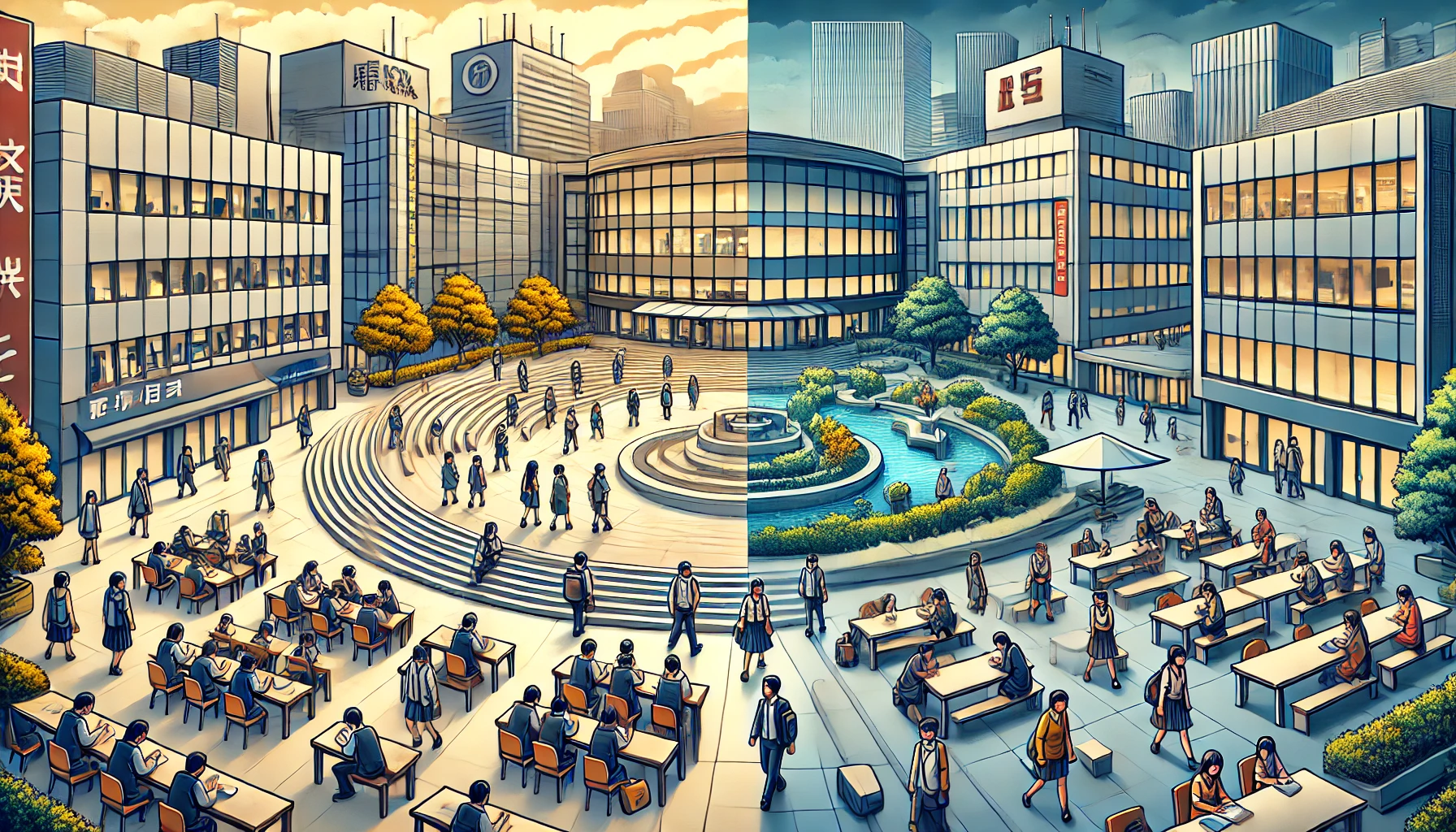 A Japanese university divided in opinions: one side showing high-quality teacher training and practical learning, and the other side reflecting mixed public perceptions. The image illustrates the two contrasting views of the institution. Modern campus setting with engaged students.