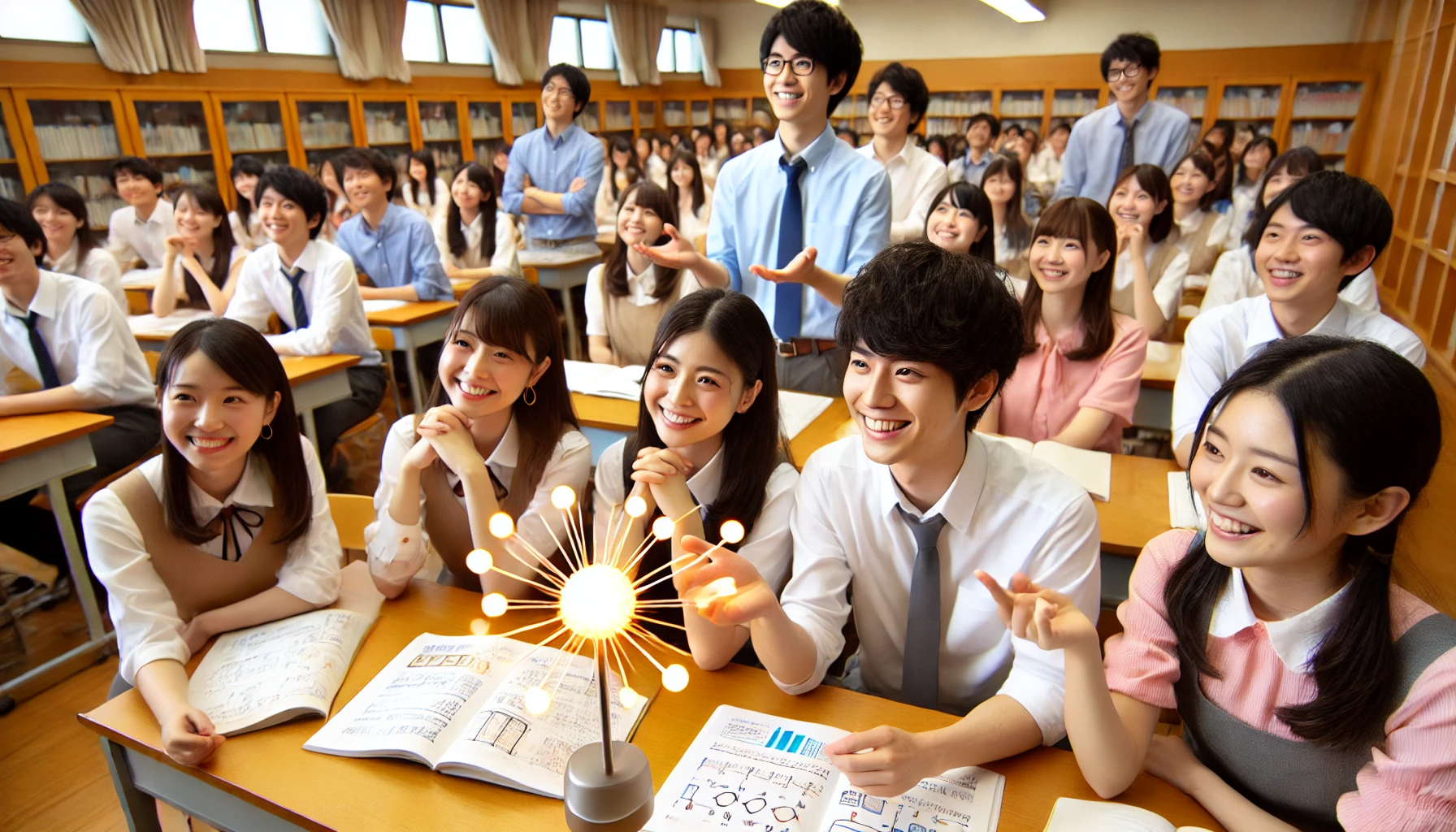 A Japanese university with a strong focus on teacher training and practical learning, featuring bright and talented students. The students are engaged in collaborative learning, enthusiastic discussions, and creative projects. The environment is lively, positive, and intellectually stimulating.