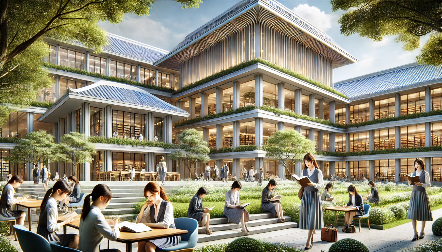 A prestigious women's university that adopts a liberal arts education, fostering a broad knowledge base and an international perspective. The image features a modern campus with elegant architecture, lush greenery, and students engaging in discussions, reading, and collaborating in an academic setting. The environment is sophisticated and welcoming. The students are Japanese, dressed in stylish yet professional attire, exuding intelligence and confidence. The atmosphere is bright and inviting, capturing the essence of a world-class educational institution.