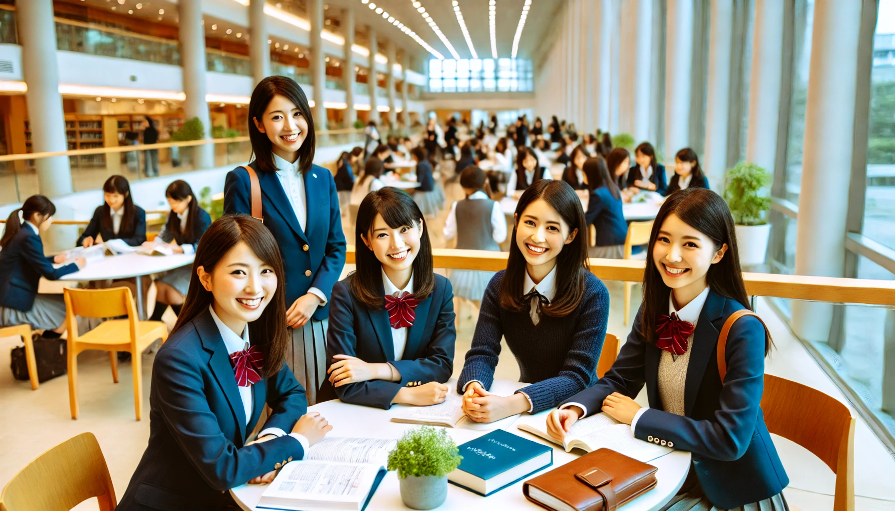 A vibrant and positive university scene featuring bright and accomplished Japanese female students at a women's university that fosters broad education and international perspective. They are smiling, interacting, and engaged in study groups, reflecting intelligence and enthusiasm. The environment is modern, welcoming, and dynamic, showcasing academic excellence and personal growth. The image should be horizontal (16:9).