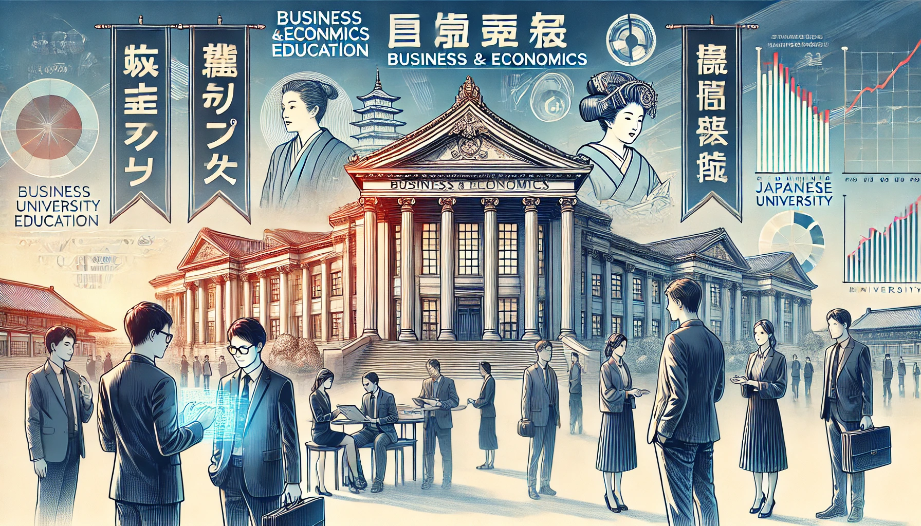 A highly regarded university specializing in business and economics education, known for its outstanding academic reputation. The image features a prestigious Japanese university campus with a grand main building, banners highlighting achievements, and students engaging in professional networking. The atmosphere is serious yet welcoming, showcasing the institution's excellence in business education. Japanese cultural elements subtly integrated into the scene.