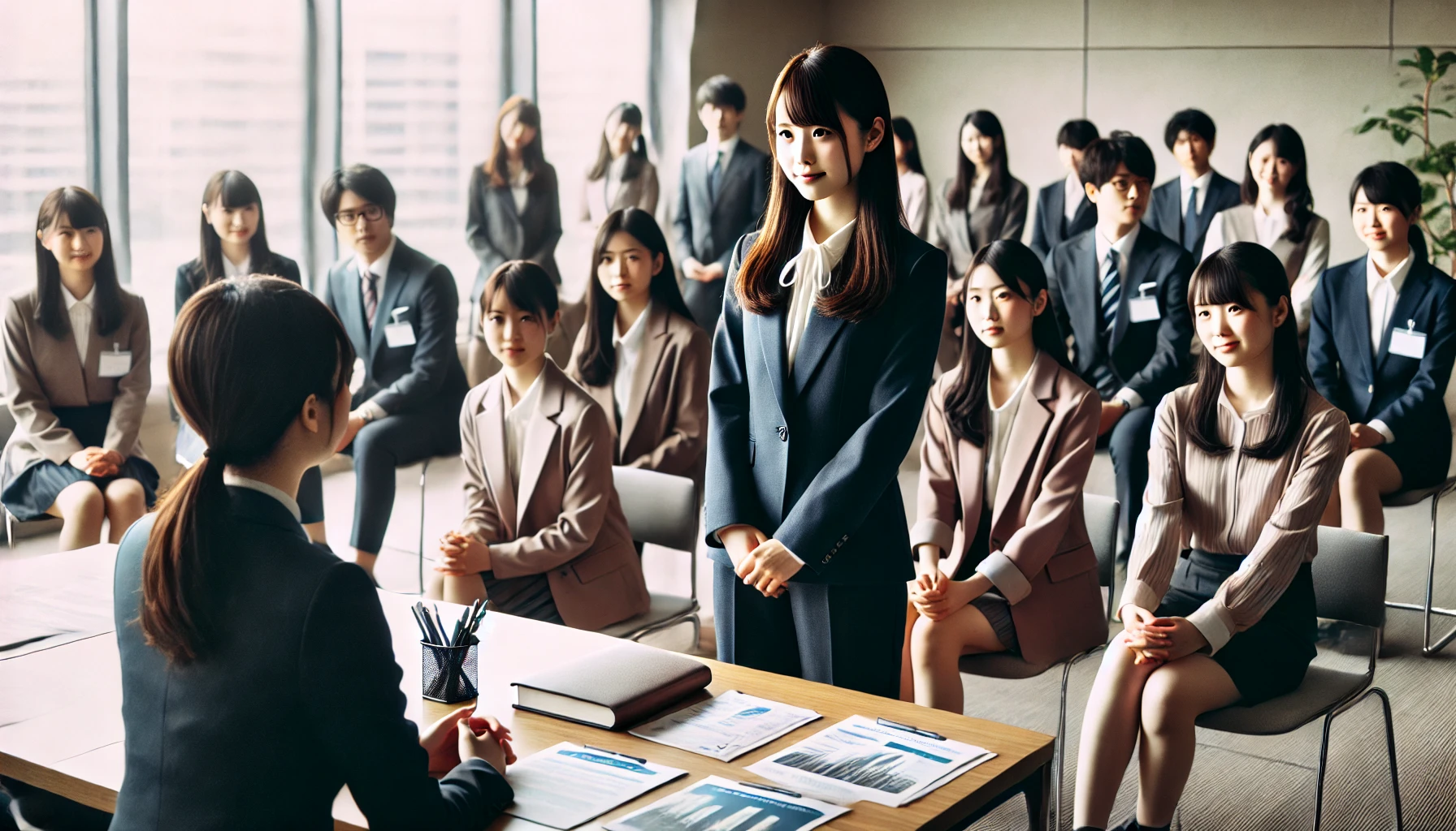 A professional and inspiring scene showcasing Japanese female university students in a job recruitment seminar, engaging with corporate representatives. The environment is modern and filled with career-related materials, symbolizing strong employment prospects. The students appear confident and ambitious, highlighting their broad education and international perspective. The image should be horizontal (16:9).