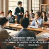 A professional university campus setting with students studying in a classroom or group meeting, showing an environment where the university offers curriculums advantageous for local employment. There should be a focus on students interacting with the professor or in a team discussion, symbolizing the contribution of graduates to the local economy. The image should reflect a positive and academic atmosphere, with Japanese students engaged in learning. The setting should appear vibrant and educational.