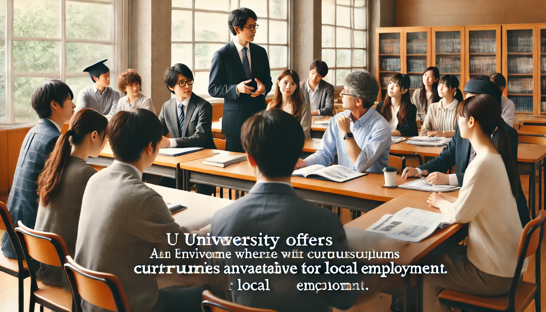 A professional university campus setting with students studying in a classroom or group meeting, showing an environment where the university offers curriculums advantageous for local employment. There should be a focus on students interacting with the professor or in a team discussion, symbolizing the contribution of graduates to the local economy. The image should reflect a positive and academic atmosphere, with Japanese students engaged in learning. The setting should appear vibrant and educational.