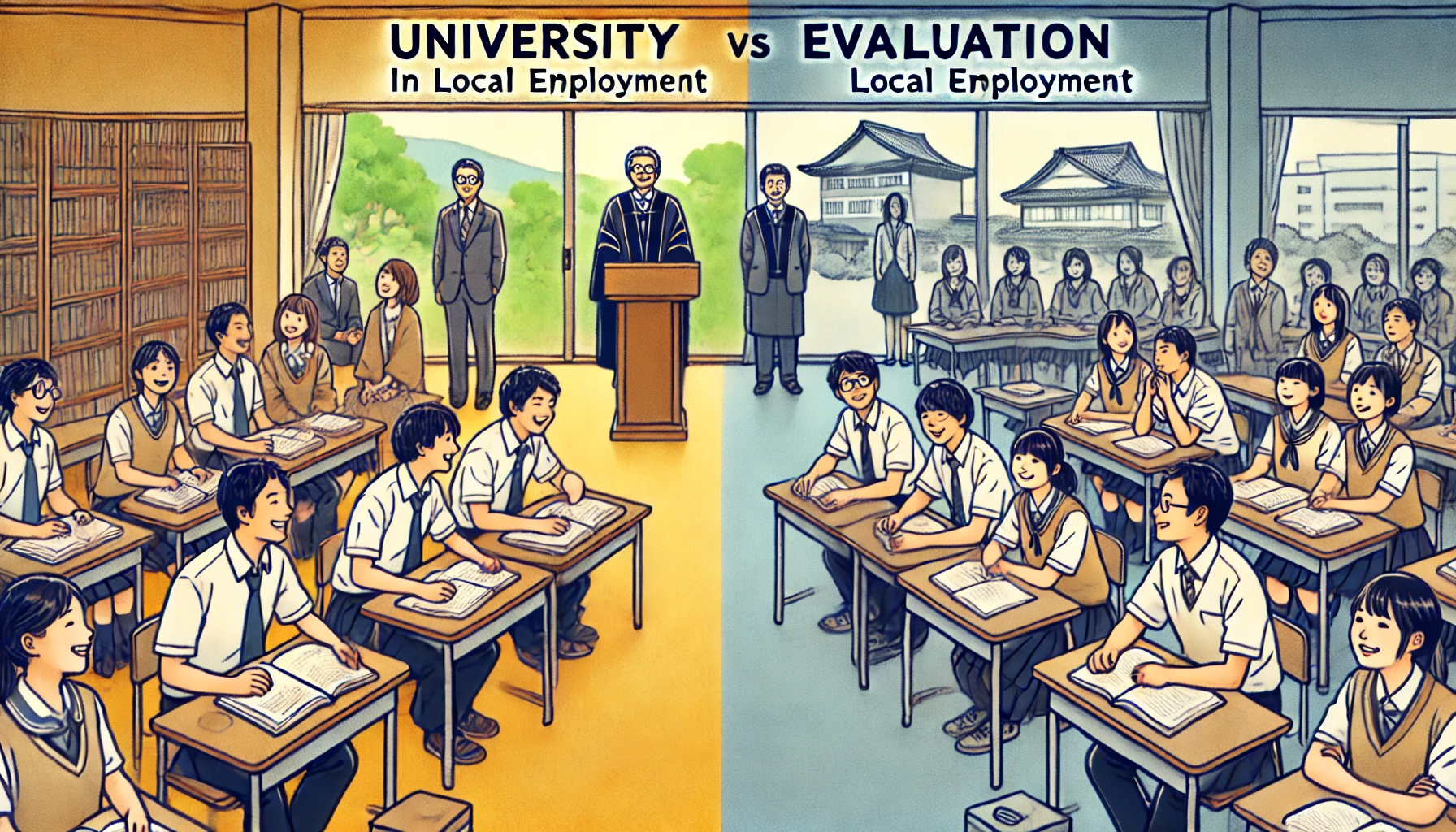 A split image showing two contrasting sides of university evaluation. One side should depict students happily engaging in discussions and classes, while the other side reflects a more negative atmosphere with fewer students and some dissatisfaction. The setting should clearly illustrate the difference between the positive reputation of the university in local employment and the negative perception related to lower academic standing. The students should be Japanese, and the scene should reflect two sides of the university's reputation.