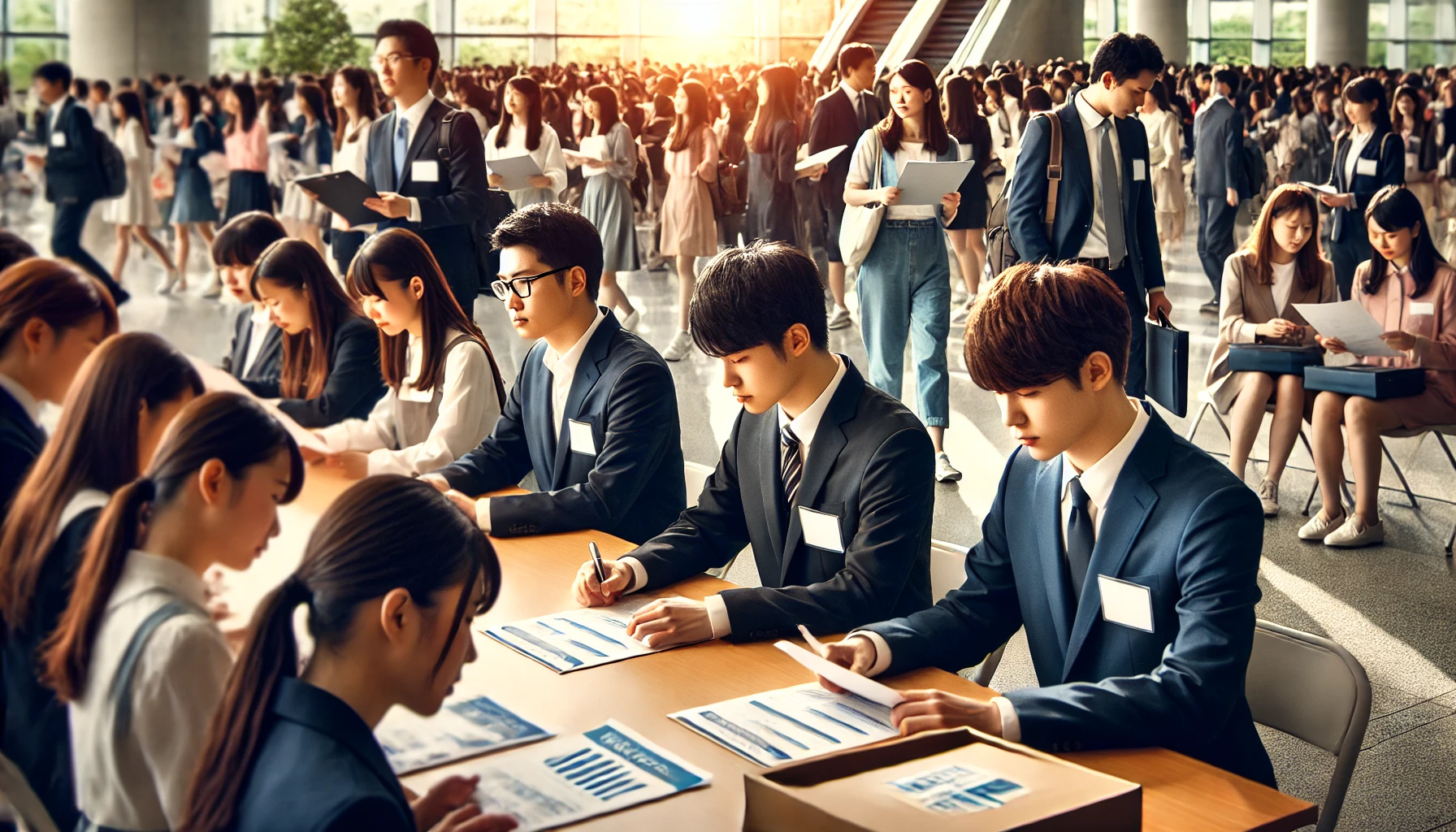 An image showing a professional university campus with students actively engaging in career fairs or internship programs, highlighting the university's strong job placement rates. The students should appear focused and determined, dressed in business casual attire. The atmosphere should be one of optimism and success, symbolizing the university's contribution to the local economy through its graduates' successful employment. Japanese students are shown participating, and the setting should look bright and encouraging.