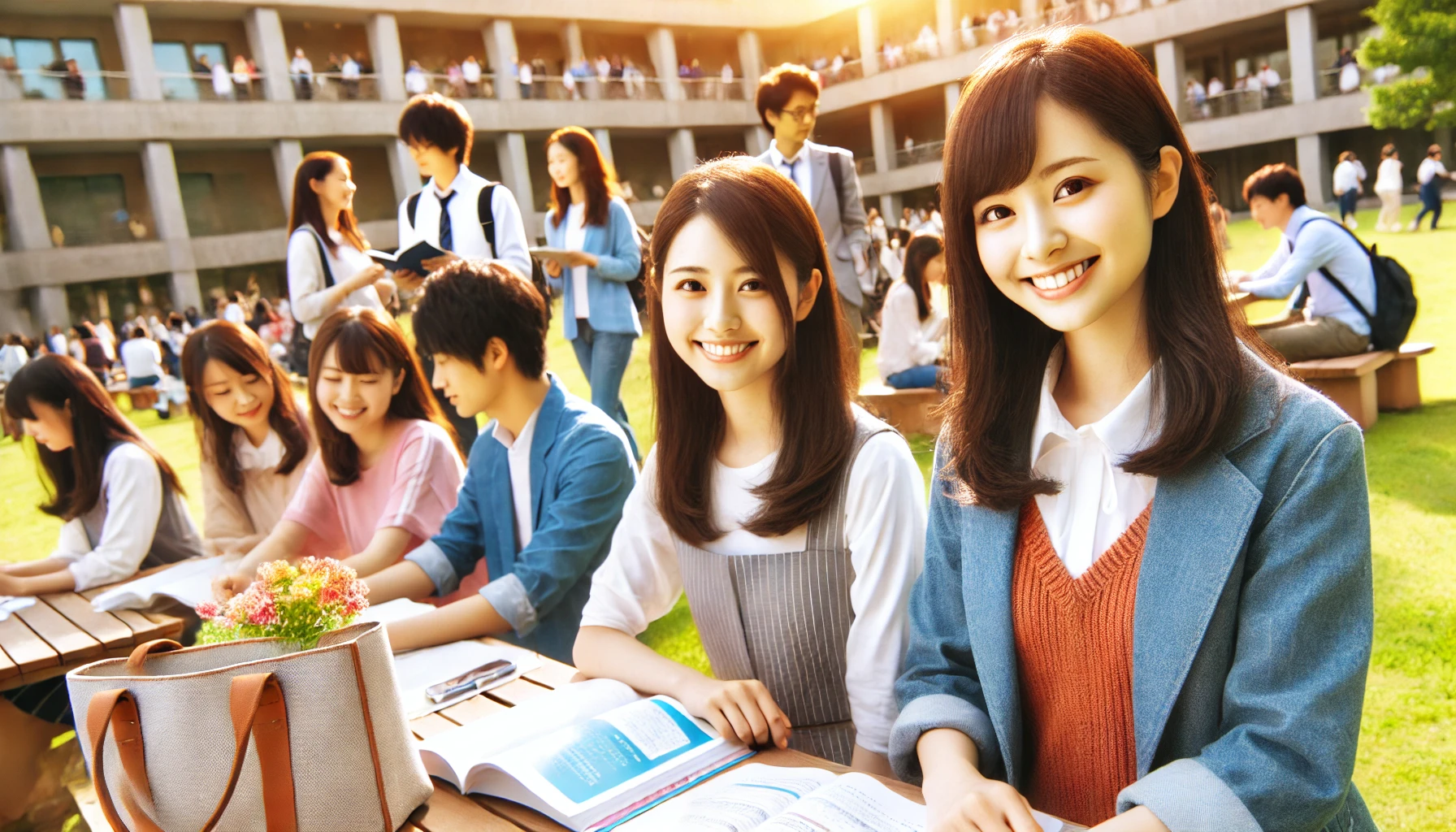 A bright and lively university campus with Japanese students engaged in group studies or outdoor activities. The students should appear confident and cheerful, representing a positive and energetic atmosphere. This image should reflect a university with a strong, optimistic student body and a vibrant campus culture. The students should be diverse in appearance and gender, symbolizing the university's inclusive environment for all students. The campus should be filled with green spaces and modern buildings, showing a thriving academic and social setting.