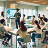 A modern university classroom in Japan featuring a small group of students engaged in an interactive lesson. The professor is actively engaging with students, who are attentively participating. The setting is bright and welcoming, with a focus on student support and personalized learning. The classroom has modern equipment and a collaborative atmosphere. The students appear to be Japanese.