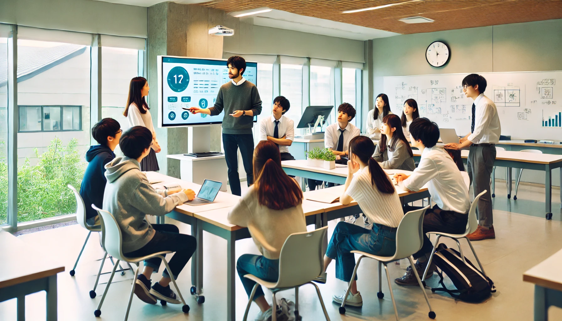 A modern university classroom in Japan featuring a small group of students engaged in an interactive lesson. The professor is actively engaging with students, who are attentively participating. The setting is bright and welcoming, with a focus on student support and personalized learning. The classroom has modern equipment and a collaborative atmosphere. The students appear to be Japanese.