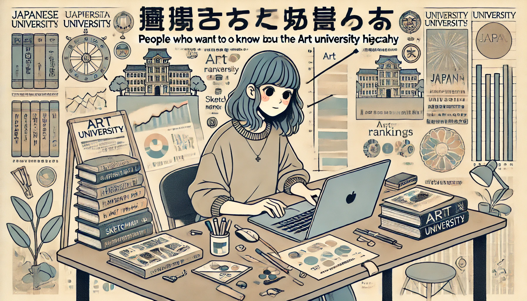 An illustration of a Japanese student sitting at a desk, researching on a laptop with books and art materials around them. The student looks curious and focused, indicating a deep interest in understanding the hierarchy of art universities in Japan. The background includes subtle elements like university rankings, sketch pads, and design tools. The text on the image reads '美大ヒエラルキーを知りたい人' (People who want to know about the Art University Hierarchy). The style is modern and visually appealing, fitting an educational theme.