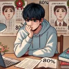 A thoughtful and emotional digital illustration depicting a Japanese student feeling uncertain and worried about their university admission despite scoring 80%. The setting is a study desk with textbooks, a laptop, and exam papers, with a tense and introspective atmosphere. The student's facial expression should reflect concern and deep thought, symbolizing the struggles of competitive entrance exams. The image should be in a 16:9 aspect ratio.